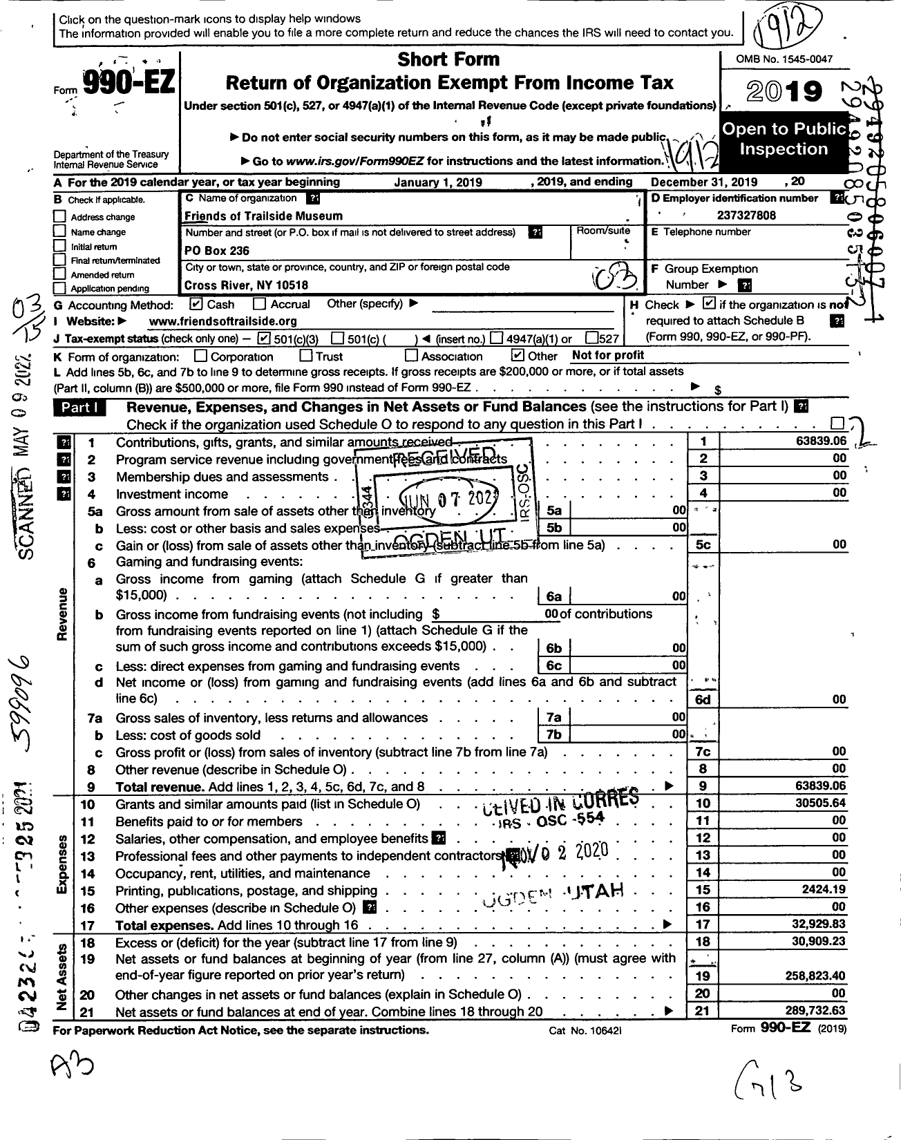 Image of first page of 2019 Form 990EZ for Friends of Trailside Nature Museum