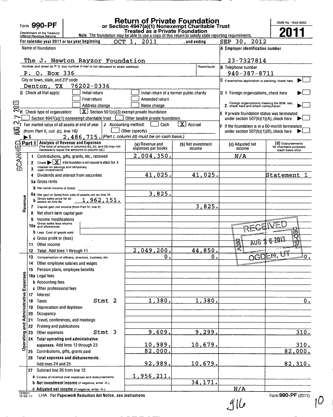 Image of first page of 2011 Form 990PF for J Newton Rayzor Foundation