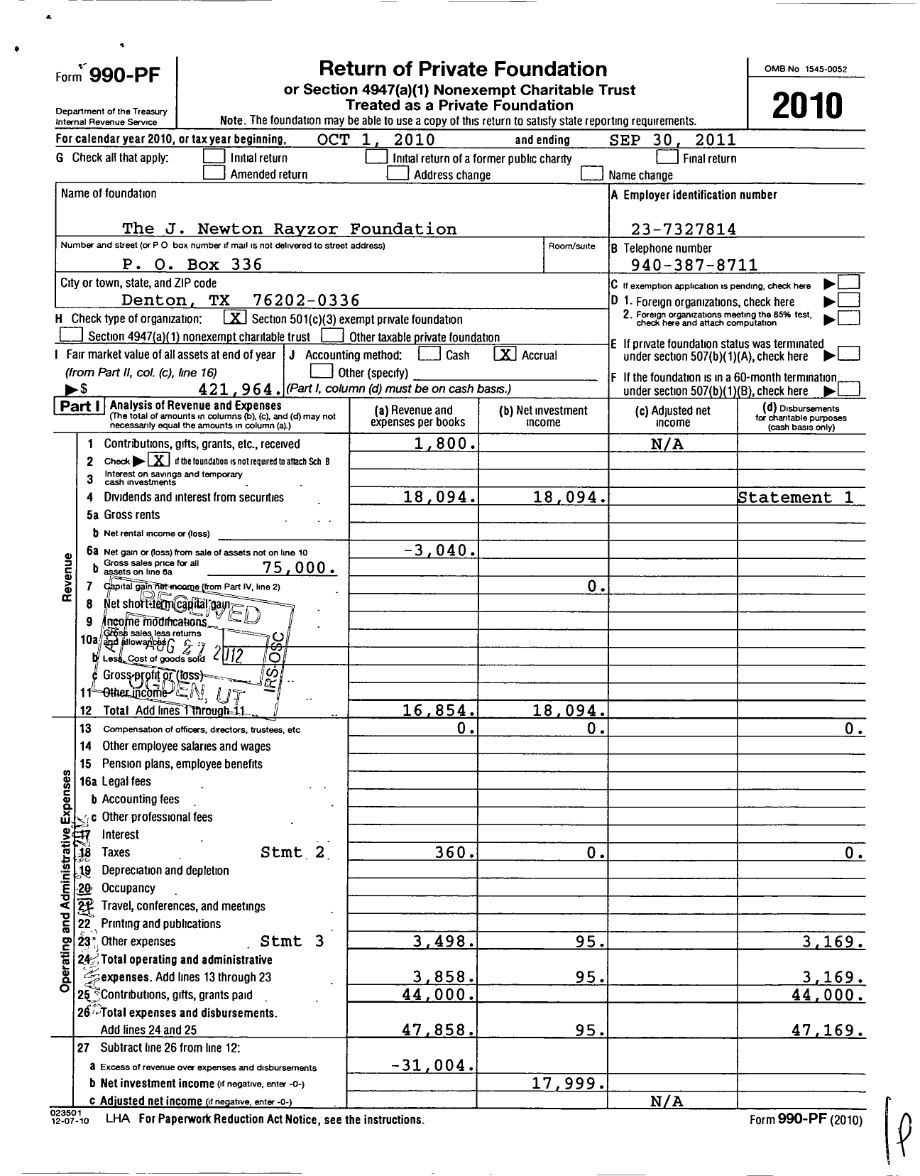 Image of first page of 2010 Form 990PF for J Newton Rayzor Foundation