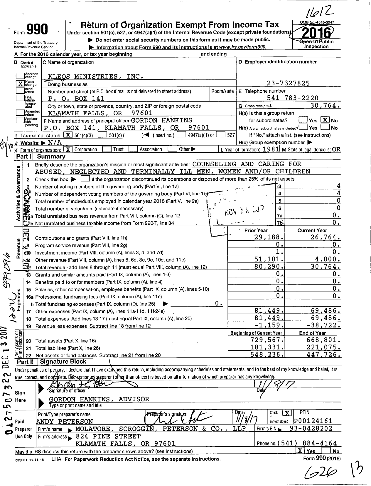 Image of first page of 2016 Form 990 for Kleos Ministries