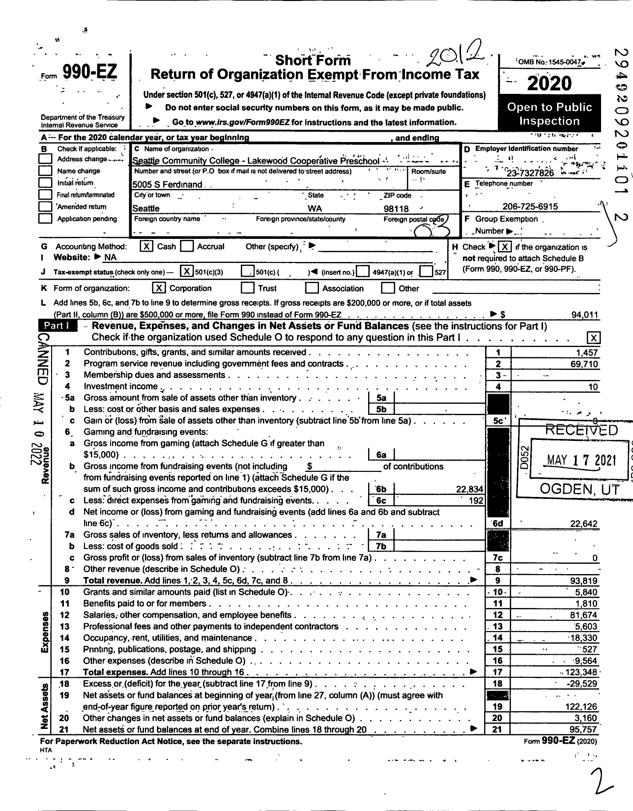 Image of first page of 2020 Form 990EZ for NSCC PARENT Advisory Council of PARENT Cooperative PRESCHOOLS Lakewood Cooperative Preschool