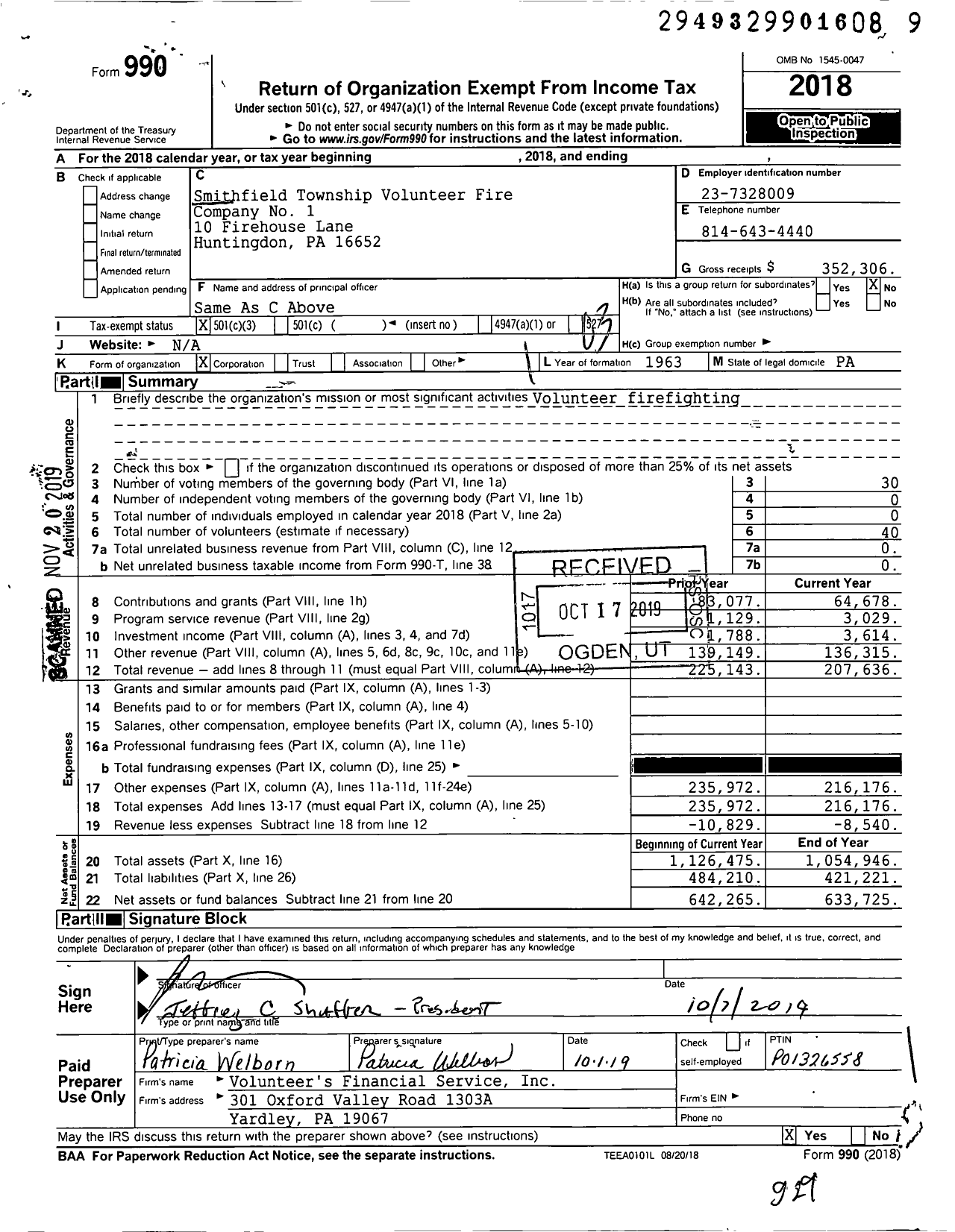 Image of first page of 2018 Form 990 for Smithfield Township Volunteer Fire COMPANY No 1