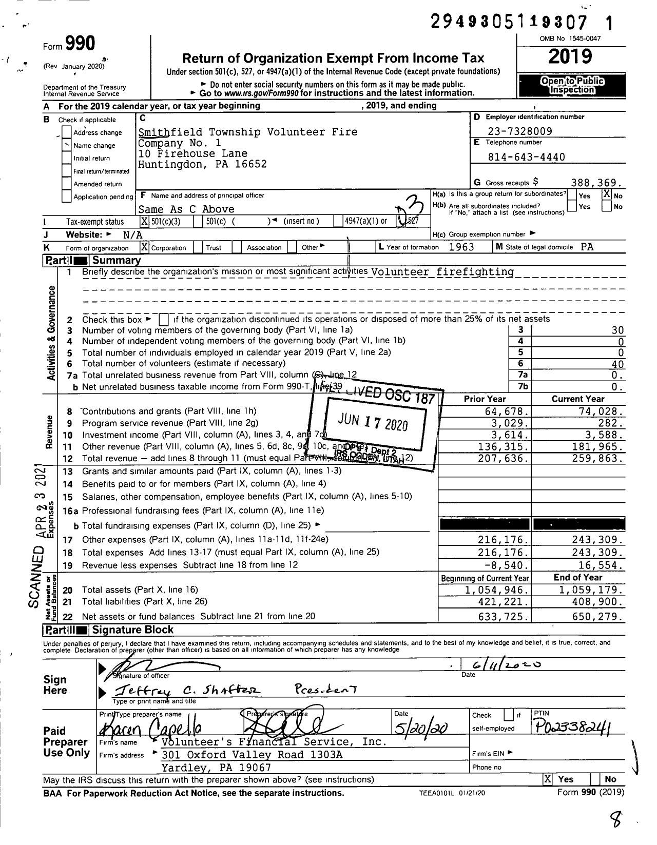 Image of first page of 2019 Form 990 for Smithfield Township Volunteer Fire COMPANY No 1