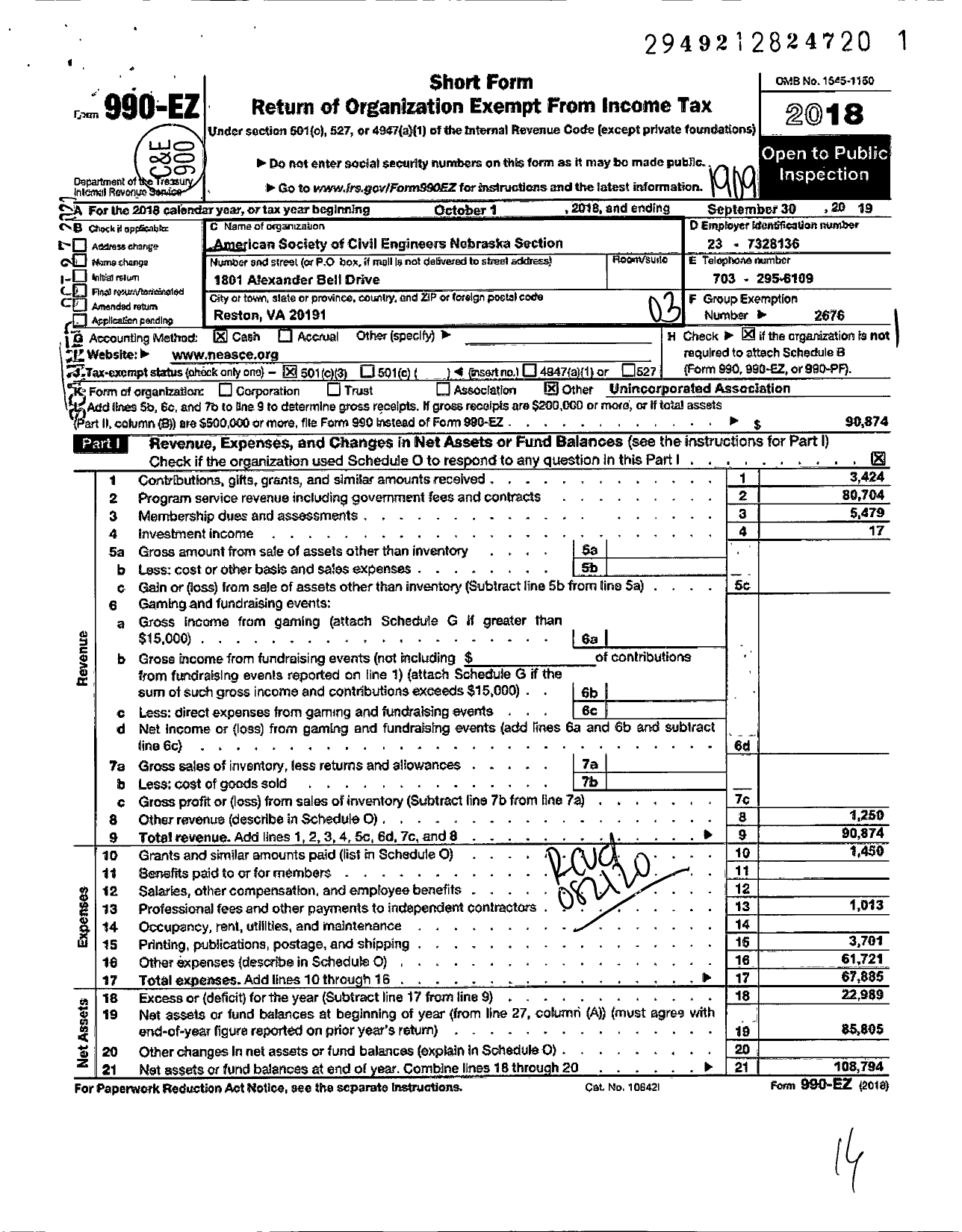 Image of first page of 2018 Form 990EZ for AMERICAN SOCIETY OF CIVIL ENGINEERS Nebraska Section