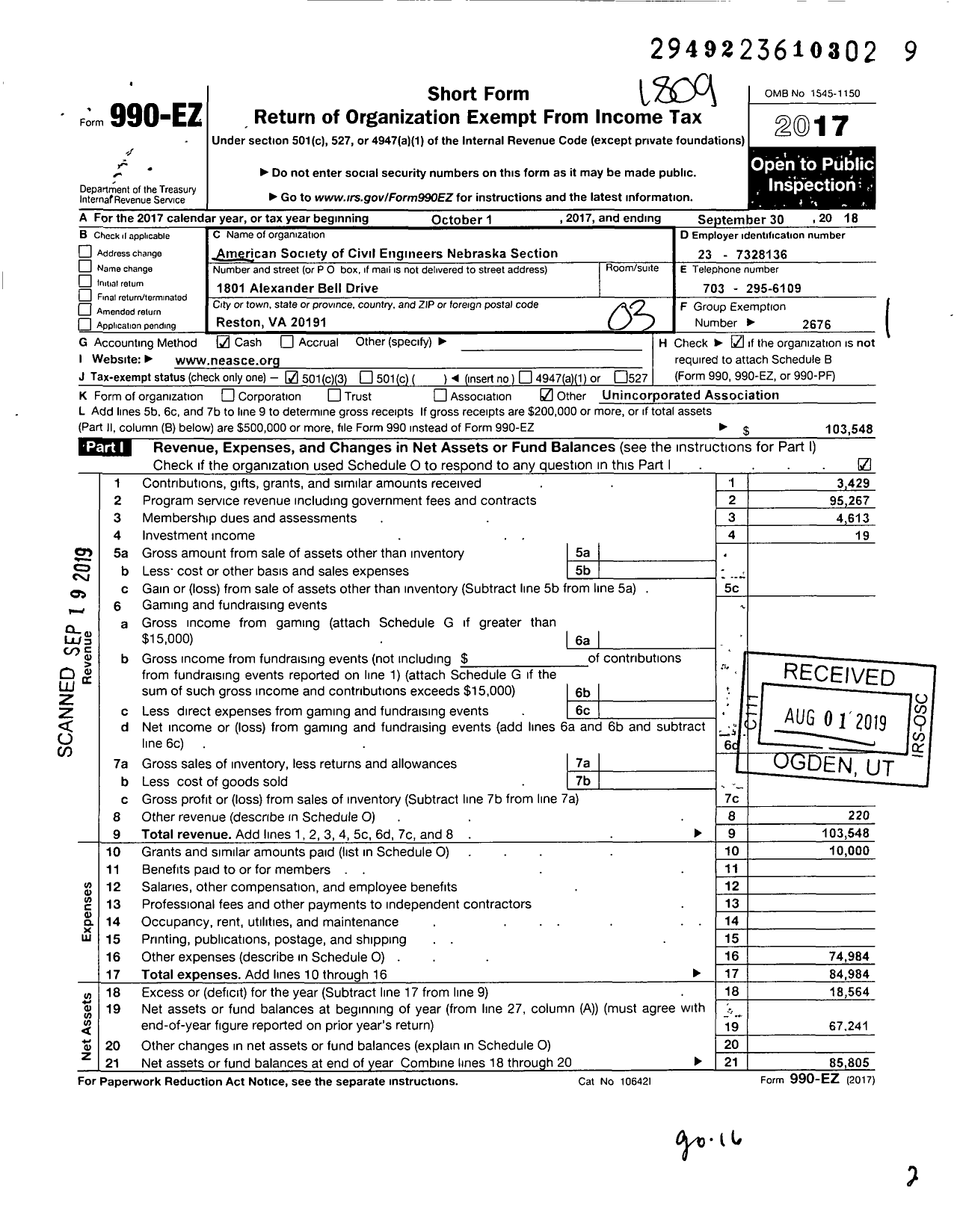 Image of first page of 2017 Form 990EZ for AMERICAN SOCIETY OF CIVIL ENGINEERS Nebraska Section