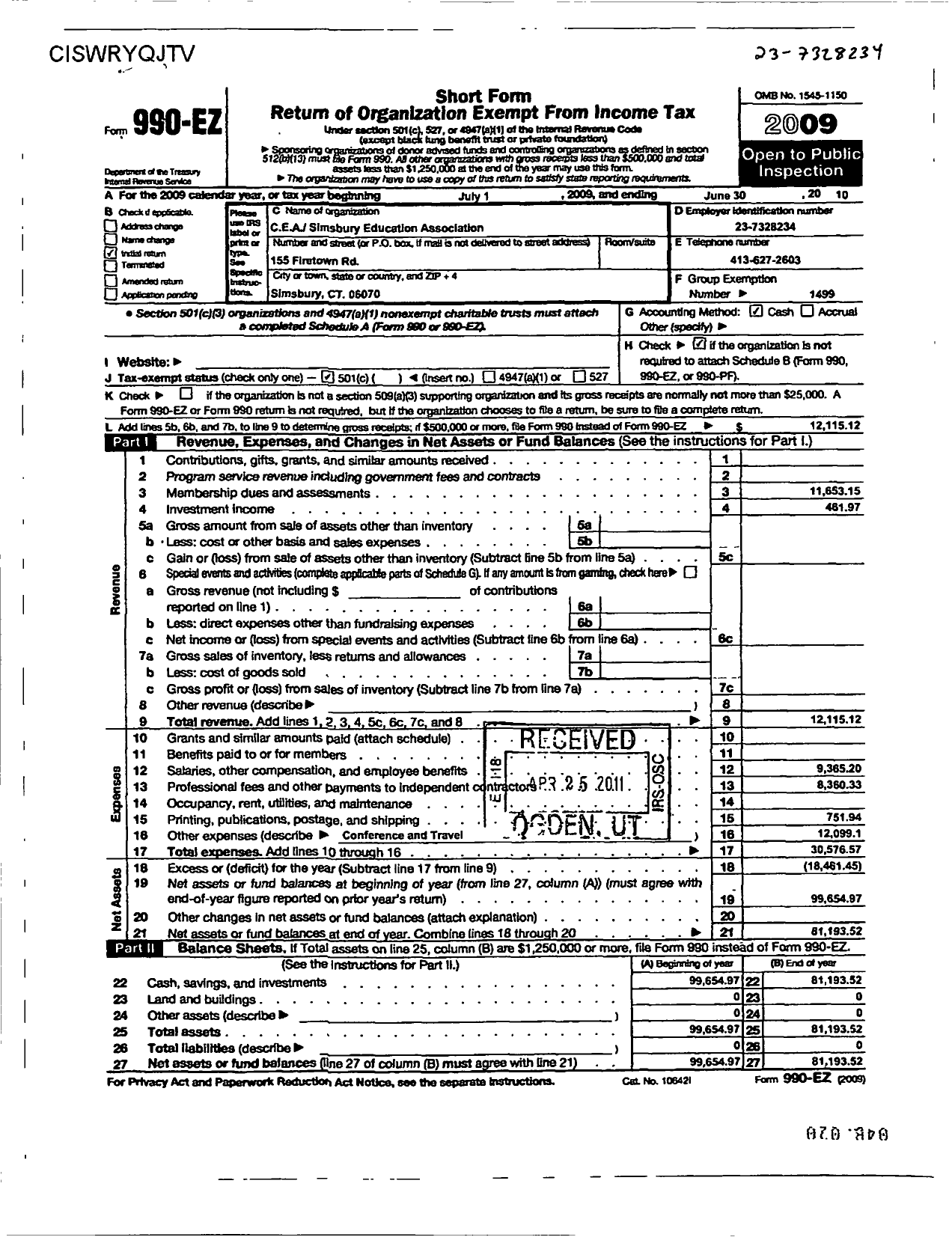 Image of first page of 2009 Form 990EOR for Connecticut Education Association - Simsbury