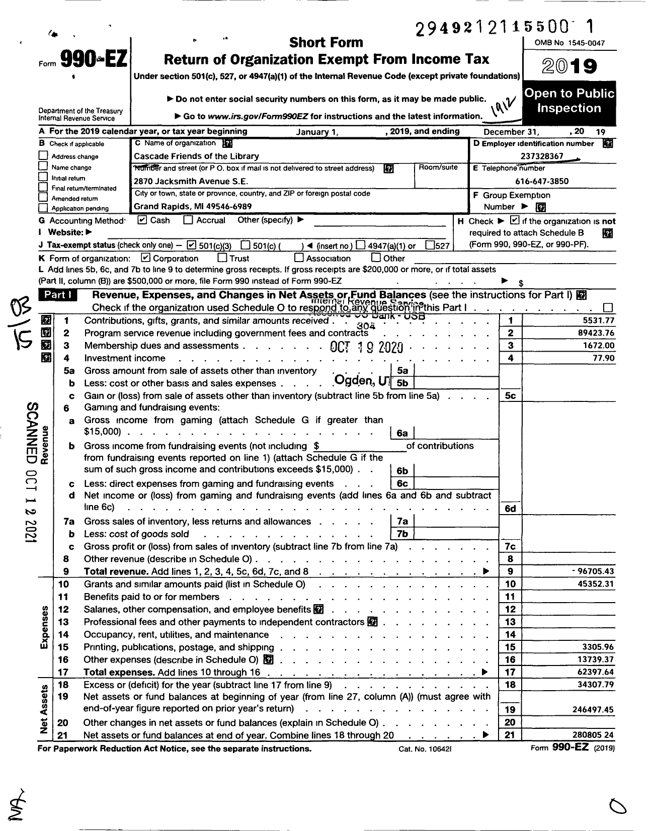 Image of first page of 2019 Form 990EZ for Cascade Friends of the Library