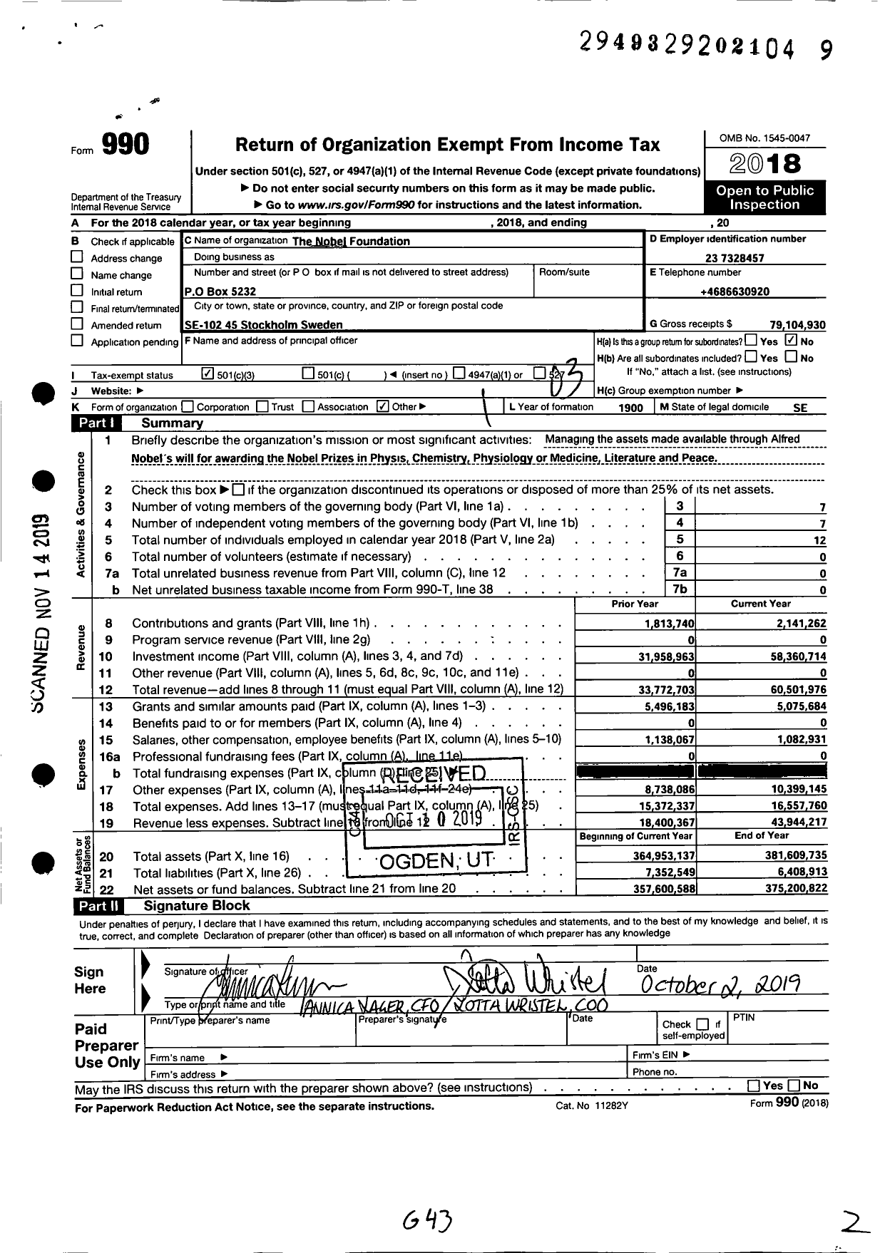 Image of first page of 2018 Form 990 for The Nobel Foundation