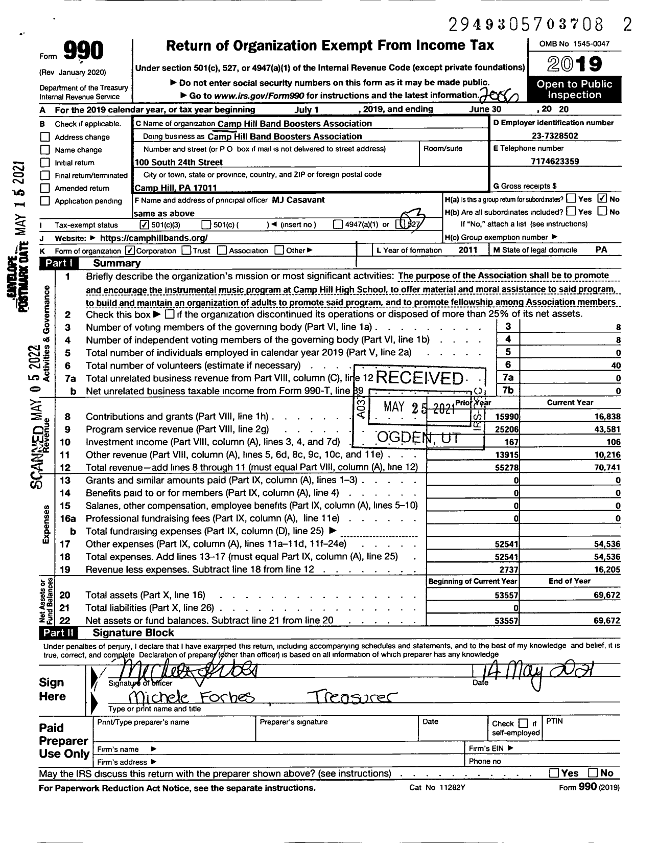 Image of first page of 2019 Form 990 for Camp Hill Band Boosters Association