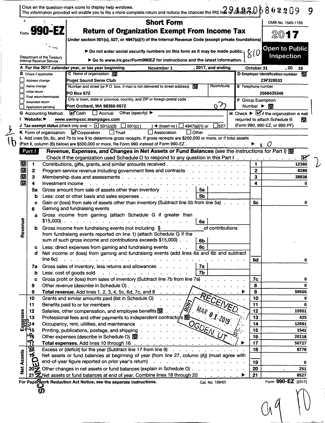 Image of first page of 2017 Form 990EZ for Puget Sound Swim Club