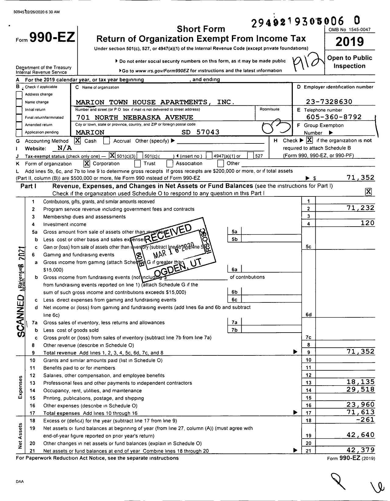 Image of first page of 2019 Form 990EZ for Marion Town House Apartments