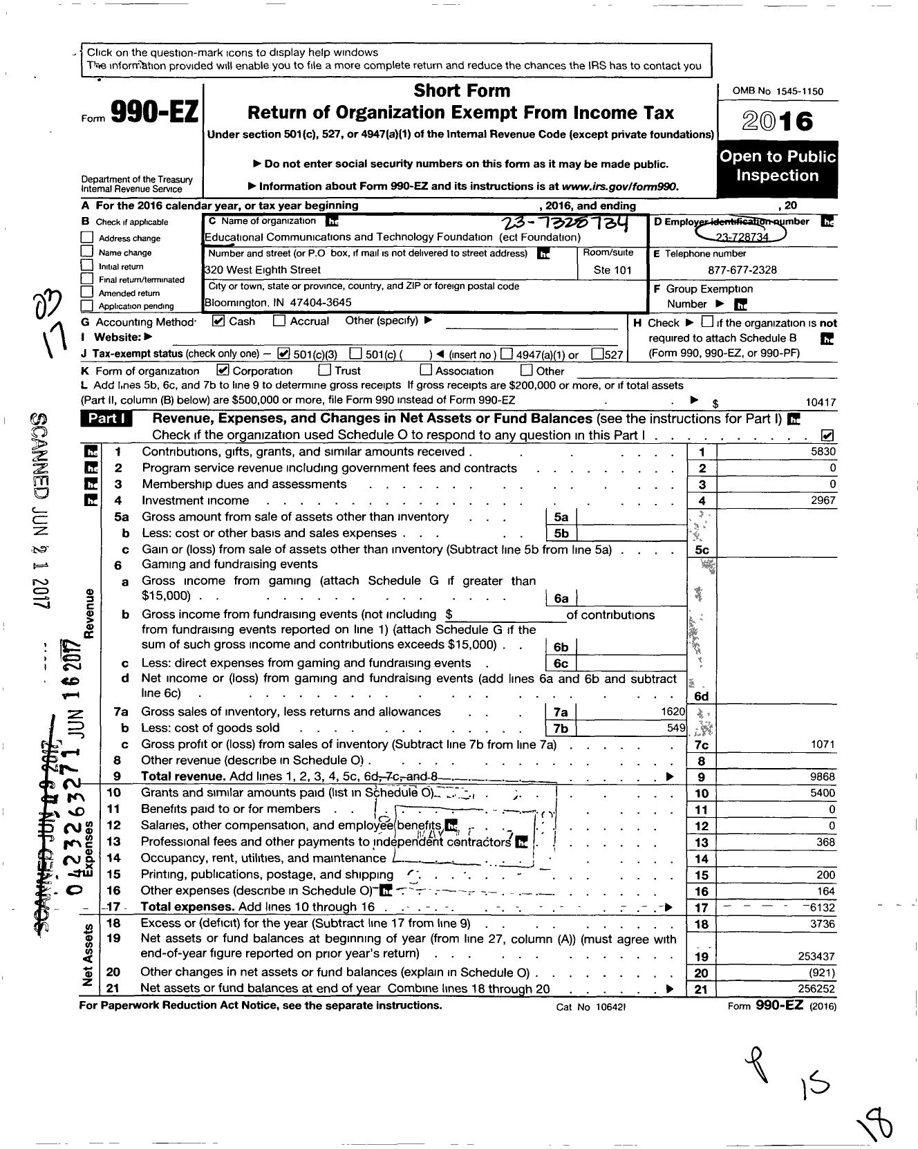 Image of first page of 2016 Form 990EZ for Association for Educational Communications and Technology Foundation