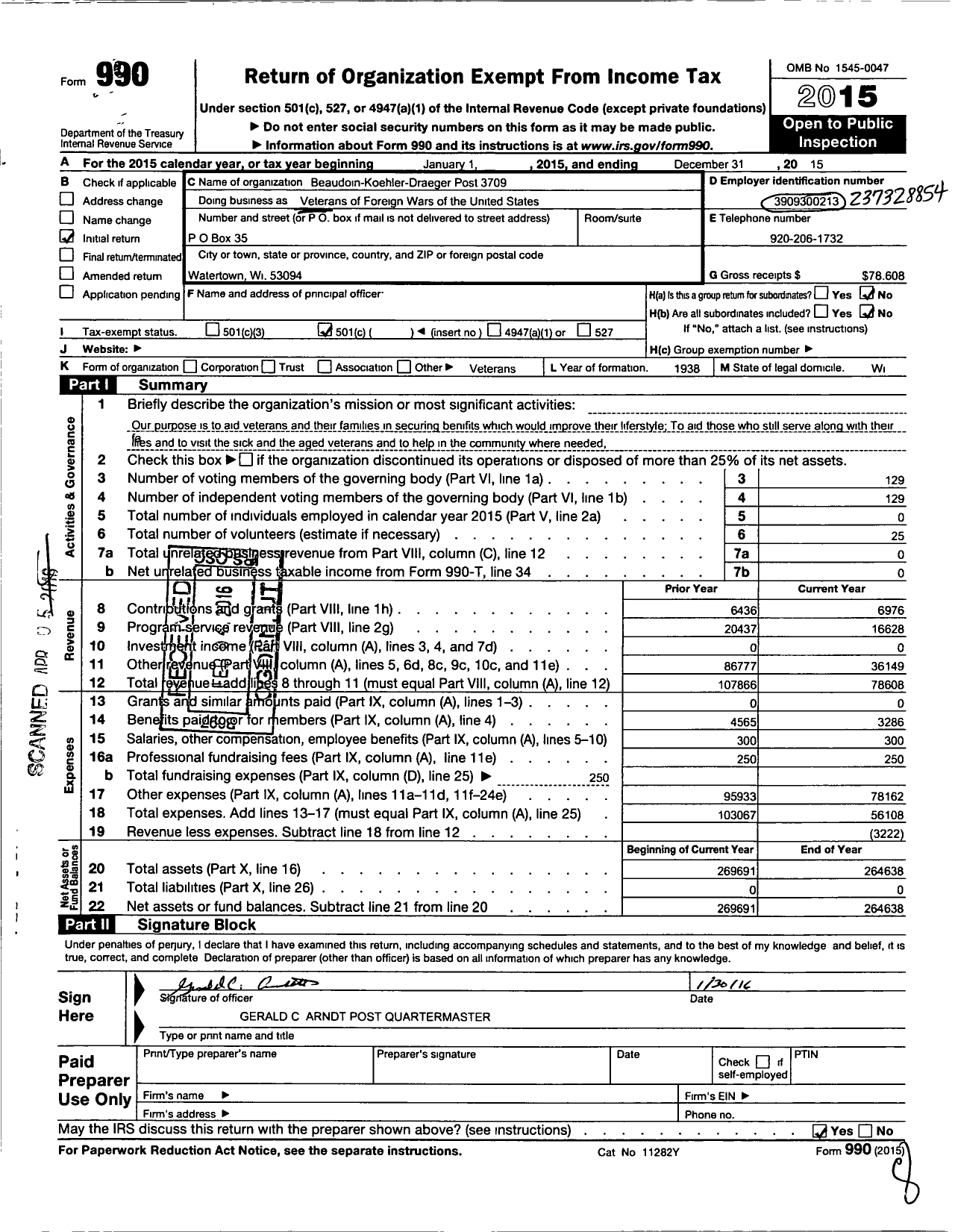 Image of first page of 2015 Form 990O for VFW Wi - 3709 Beaudoin Koehler Draeger Aux