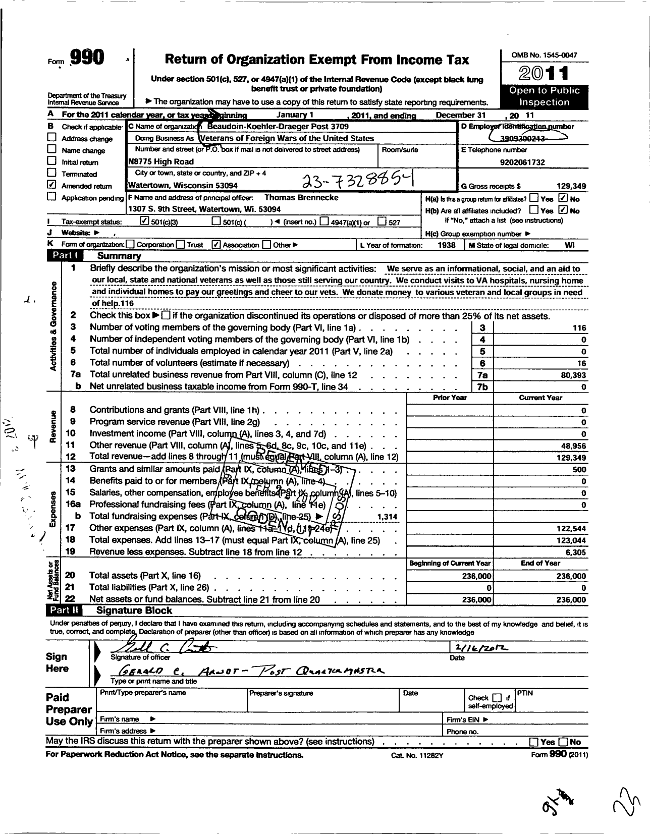 Image of first page of 2011 Form 990 for VFW Wi - 3709 Beaudoin Koehler Draeger Aux