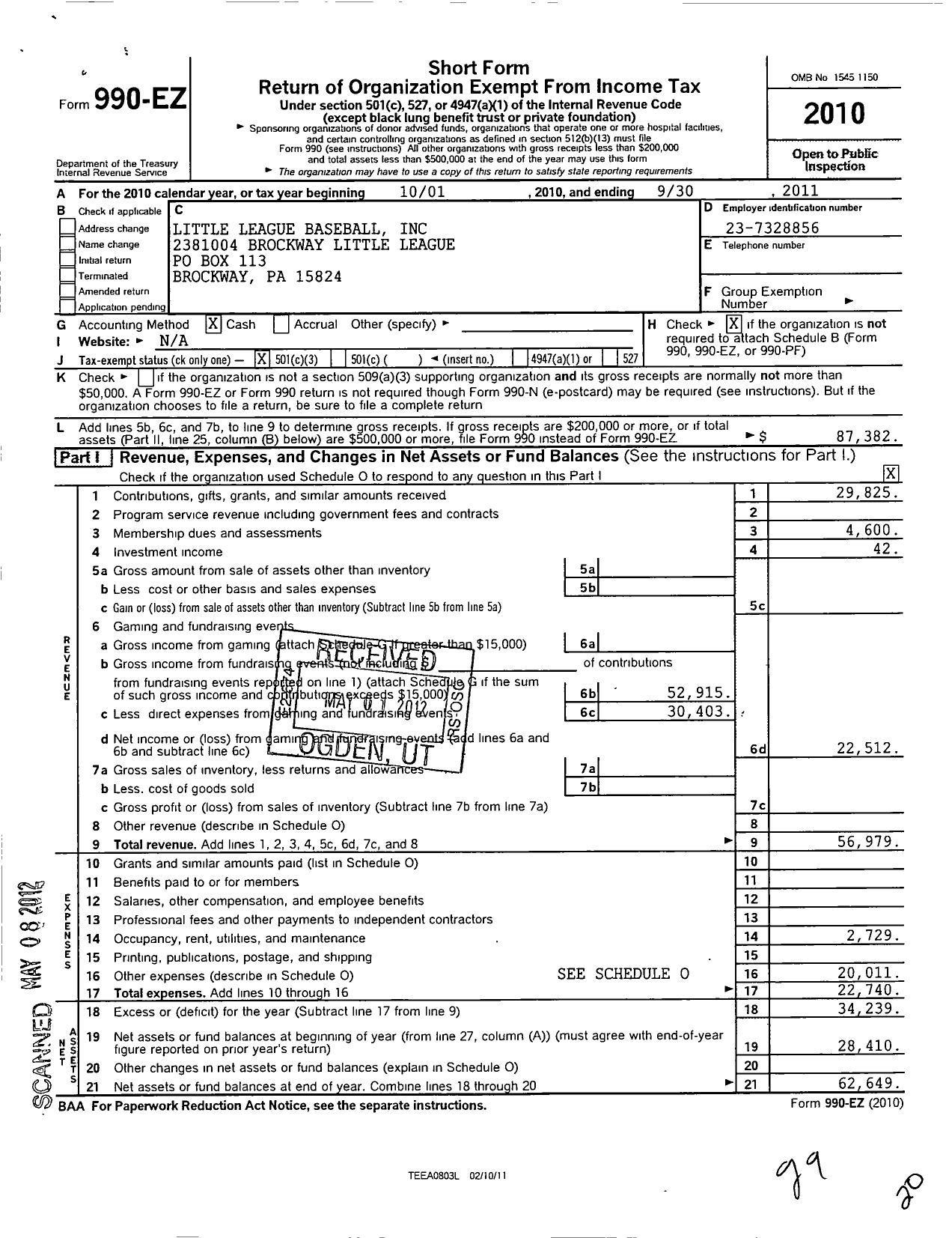 Image of first page of 2010 Form 990EZ for Little League Baseball - 2381004 Brockway LL