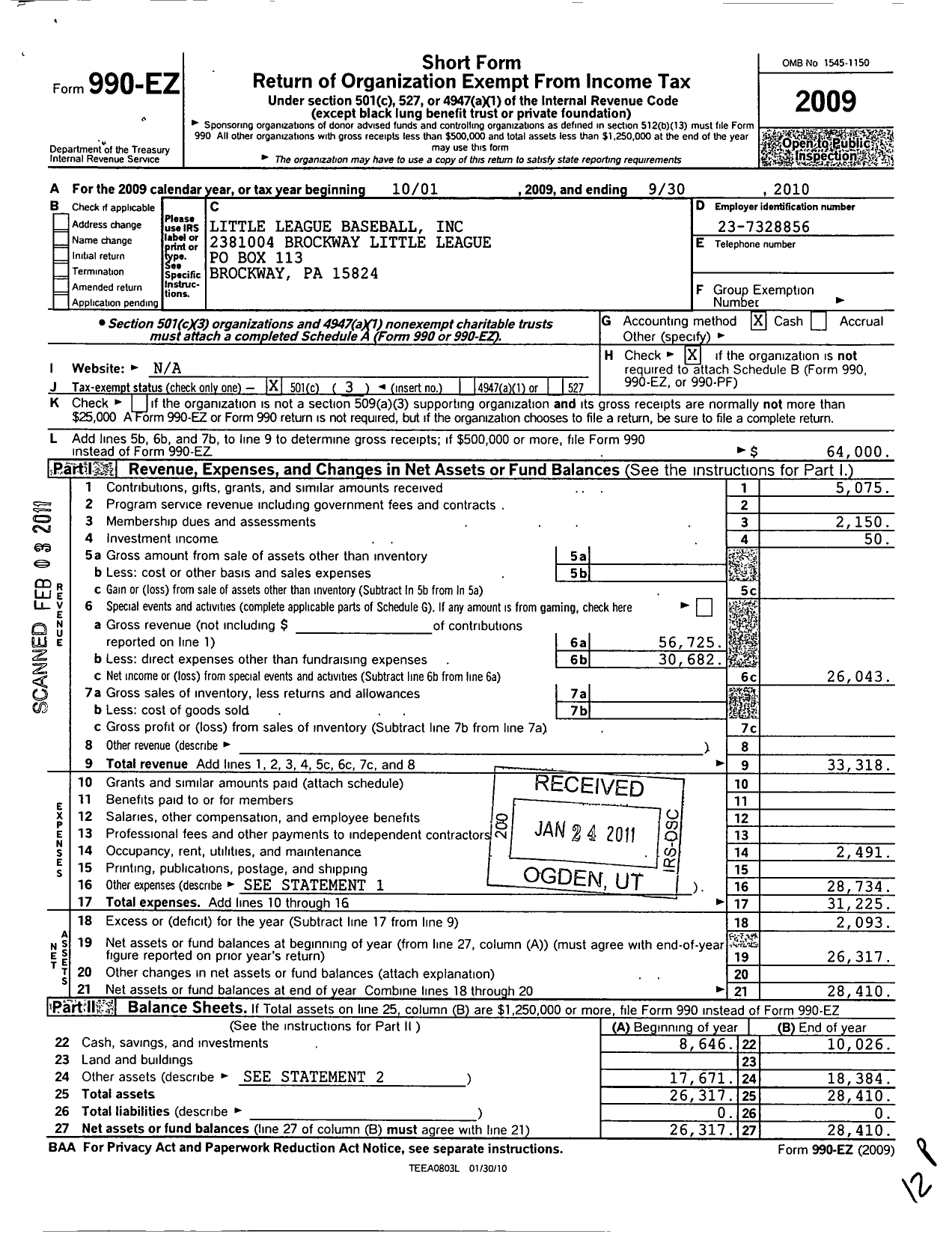 Image of first page of 2009 Form 990EZ for Little League Baseball - 2381004 Brockway LL