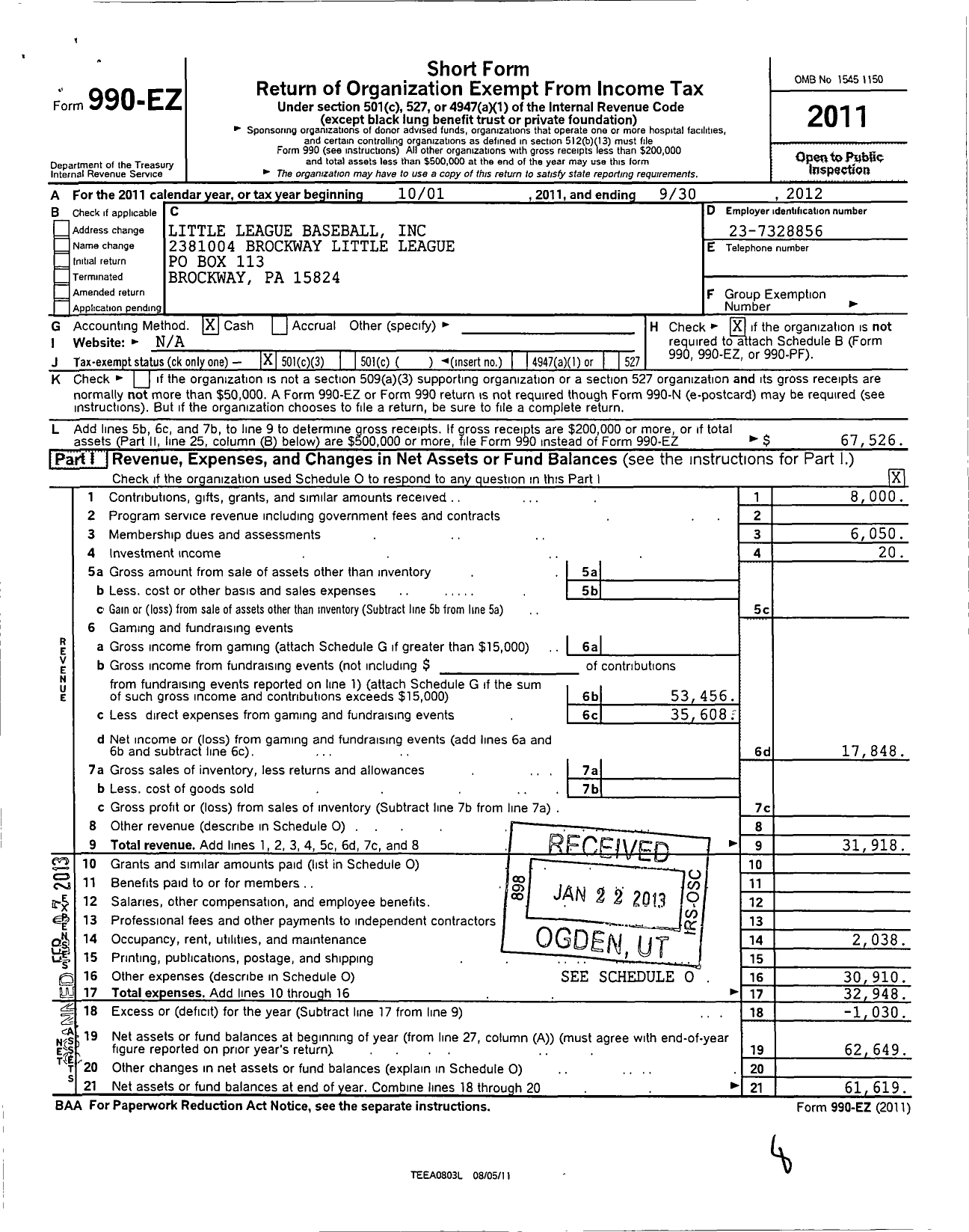 Image of first page of 2011 Form 990EZ for Little League Baseball - 2381004 Brockway LL