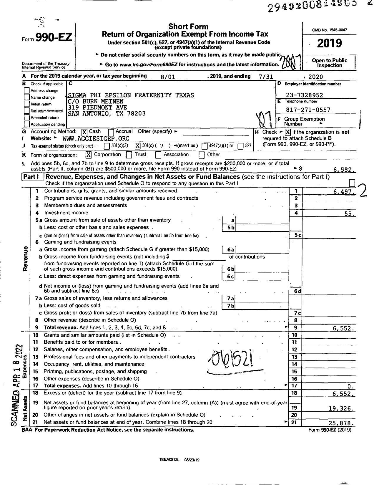 Image of first page of 2019 Form 990EO for SIGMA PHI EPSILON - TX Mu