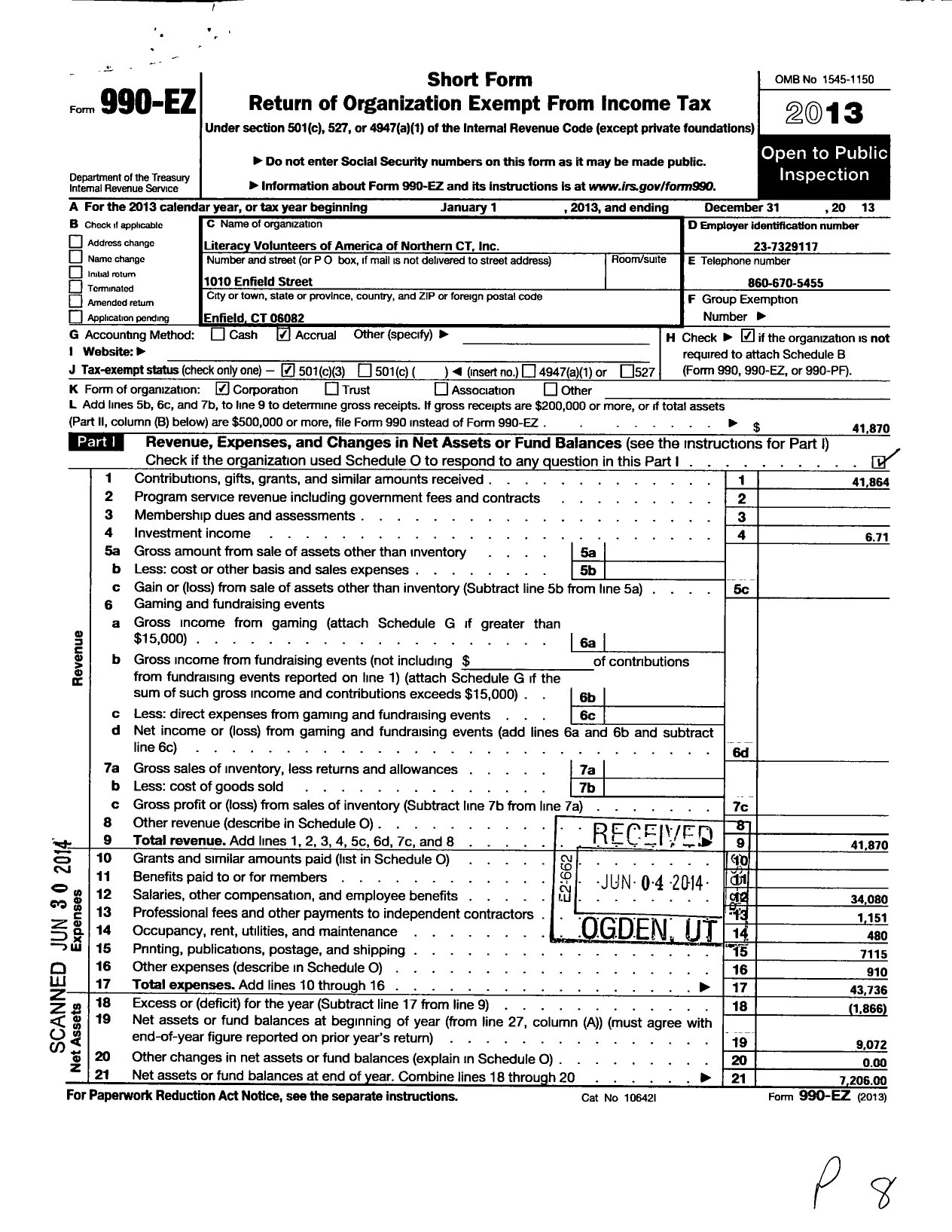 Image of first page of 2013 Form 990EZ for Literacy Volunteers of America of Northern Connecticut