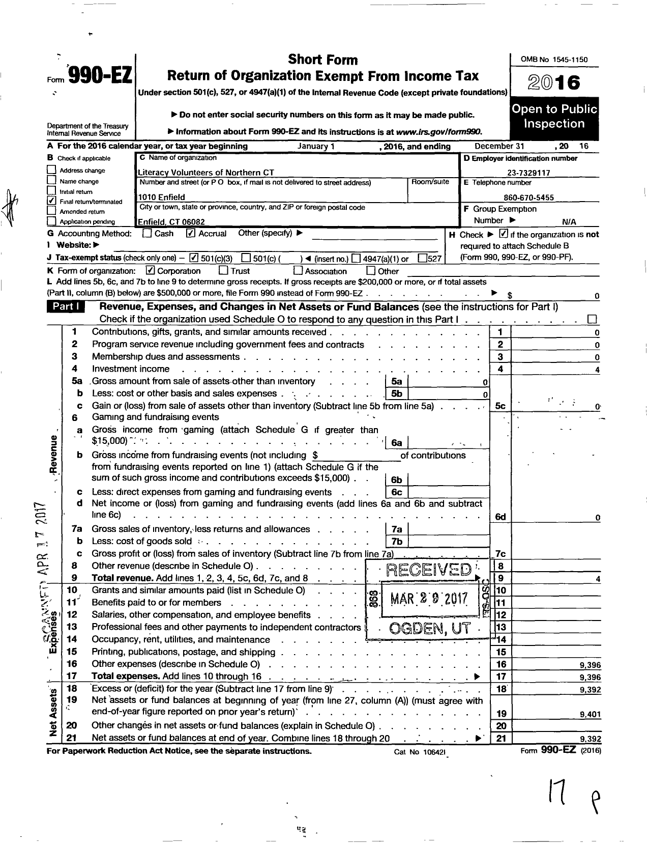 Image of first page of 2016 Form 990EZ for Literacy Volunteers of America of Northern Connecticut