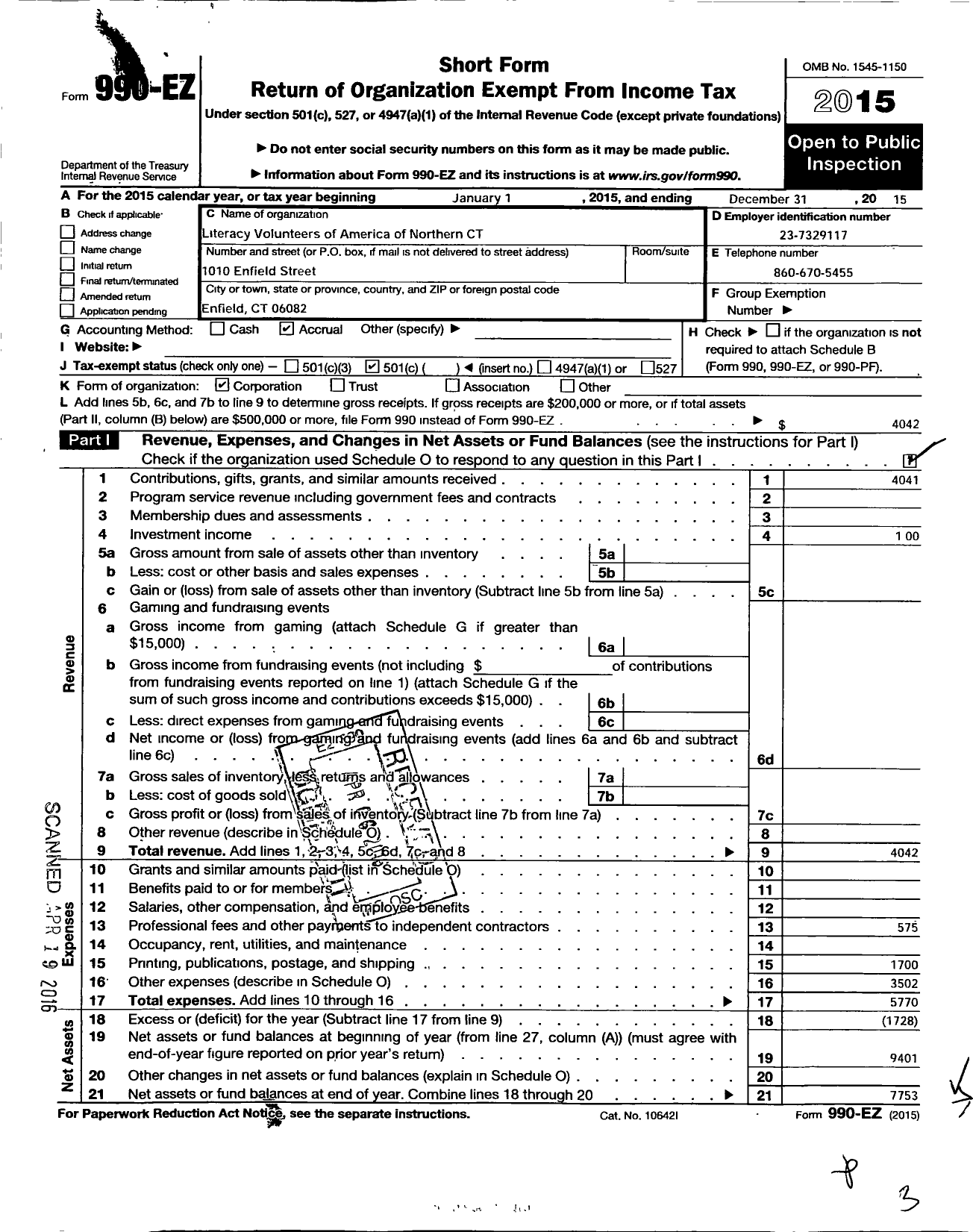 Image of first page of 2015 Form 990EO for Literacy Volunteers of America of Northern Connecticut