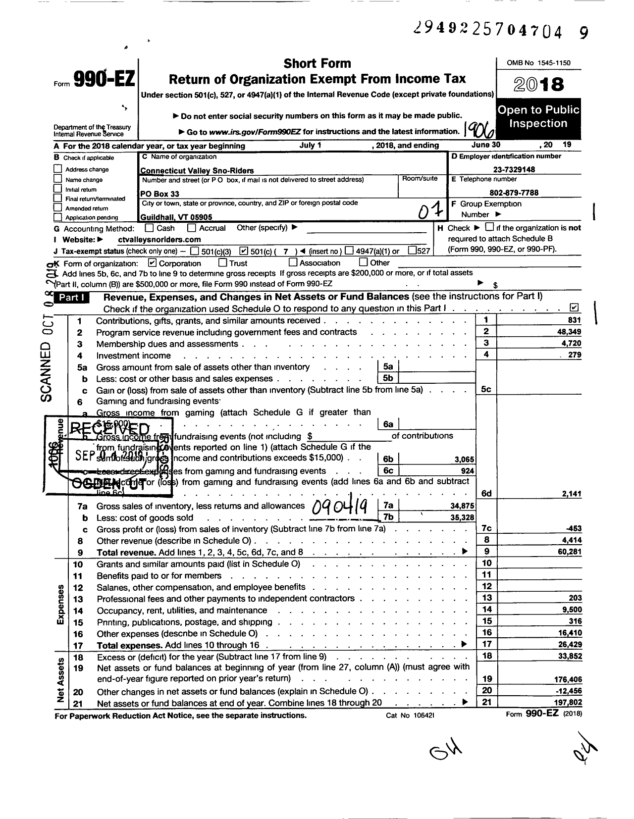 Image of first page of 2018 Form 990EO for Connecticut Valley Sno-Riders