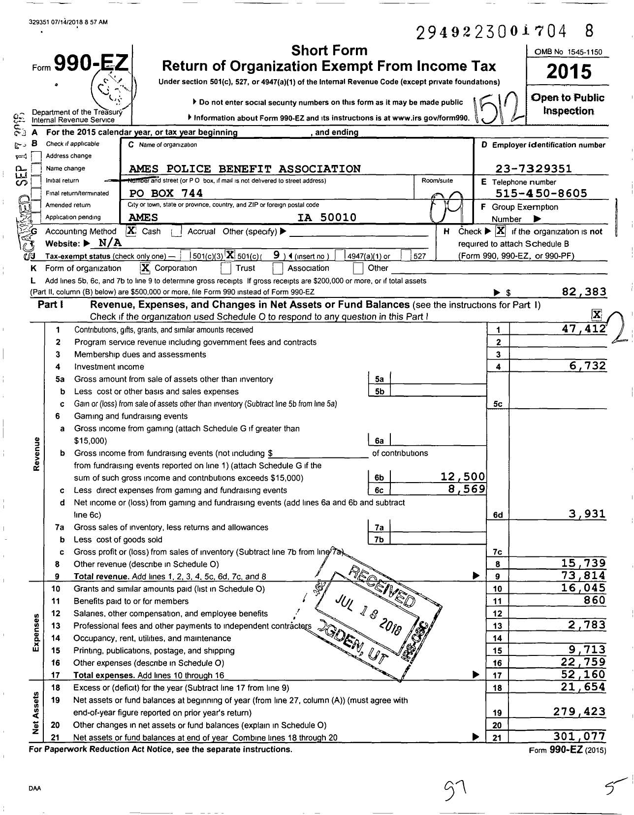 Image of first page of 2015 Form 990EO for Ames Policemans Benefit Association