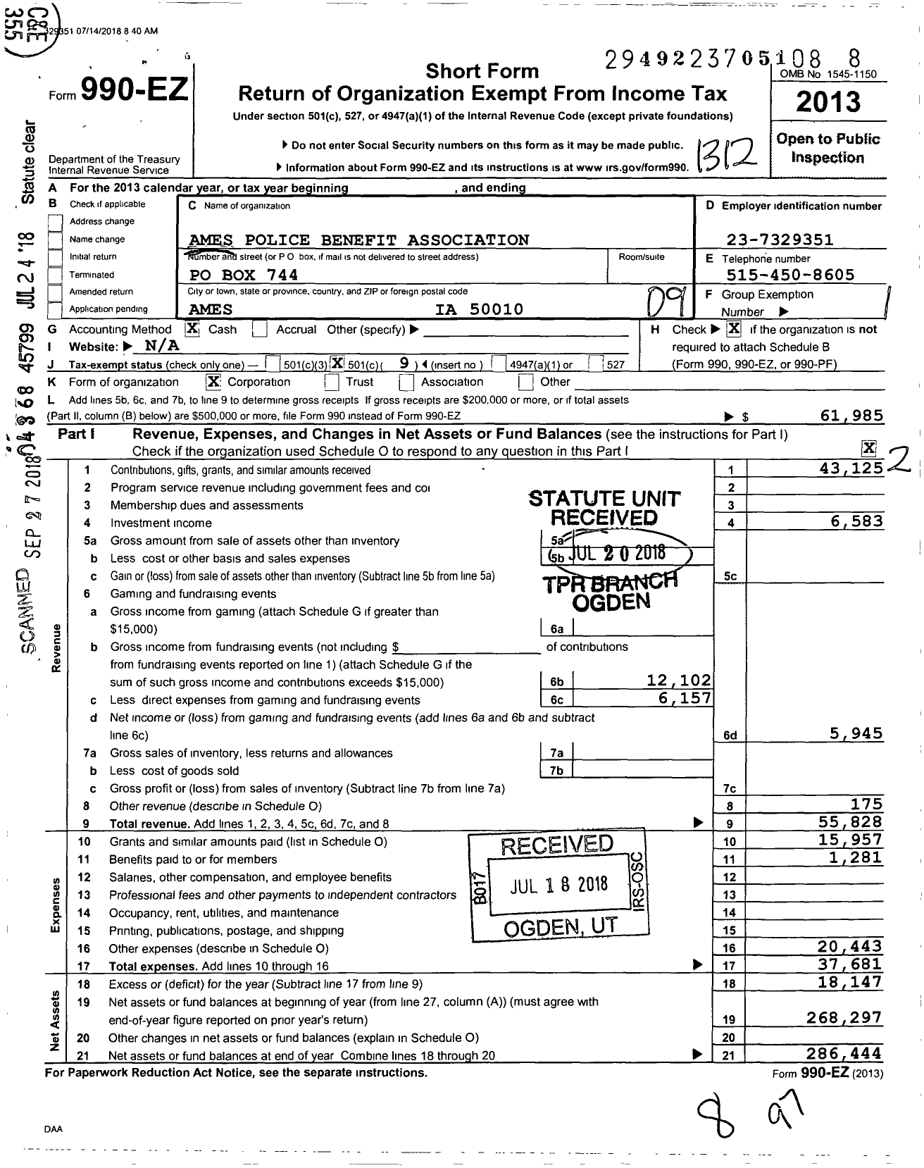 Image of first page of 2013 Form 990EO for Ames Policemans Benefit Association