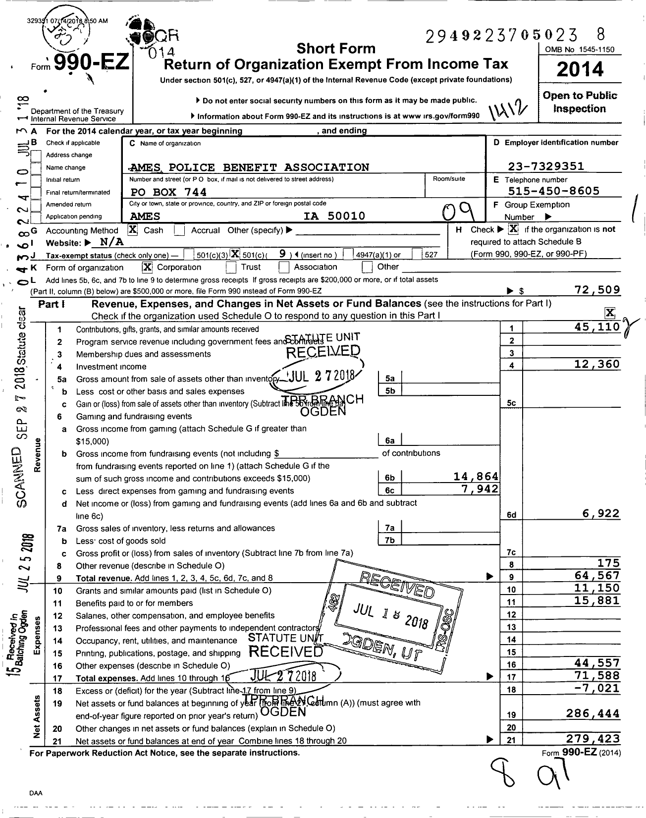 Image of first page of 2014 Form 990EO for Ames Policemans Benefit Association