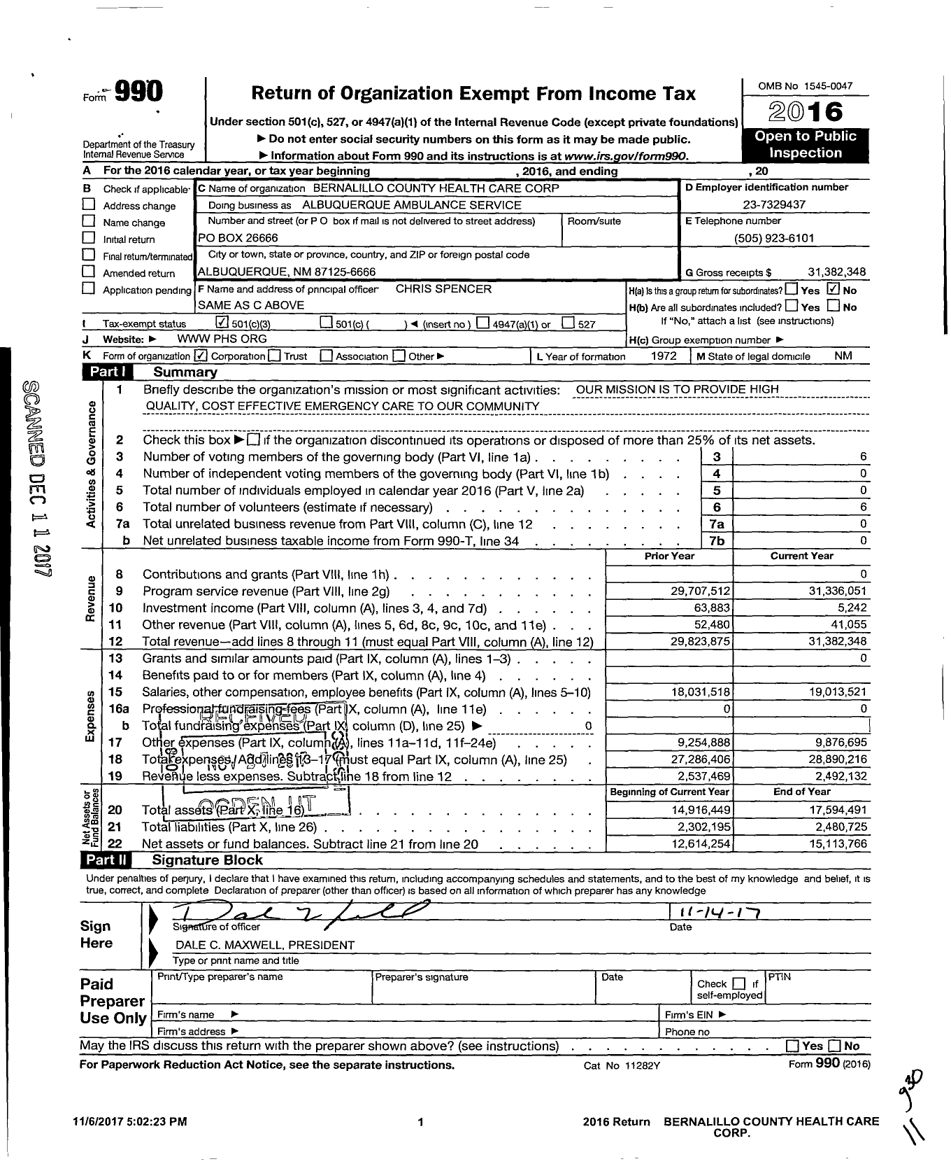 Image of first page of 2016 Form 990 for Albuquerque Ambulance Service