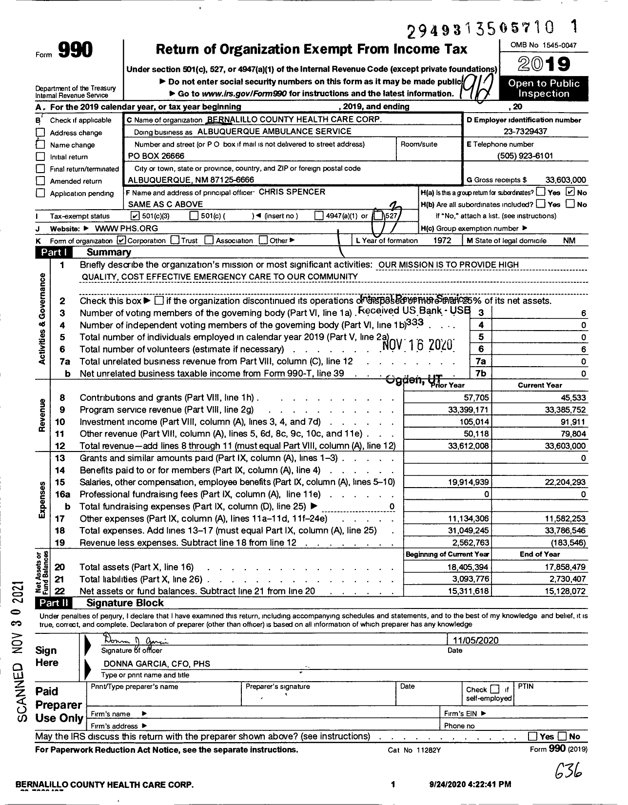 Image of first page of 2019 Form 990 for Albuquerque Ambulance Service