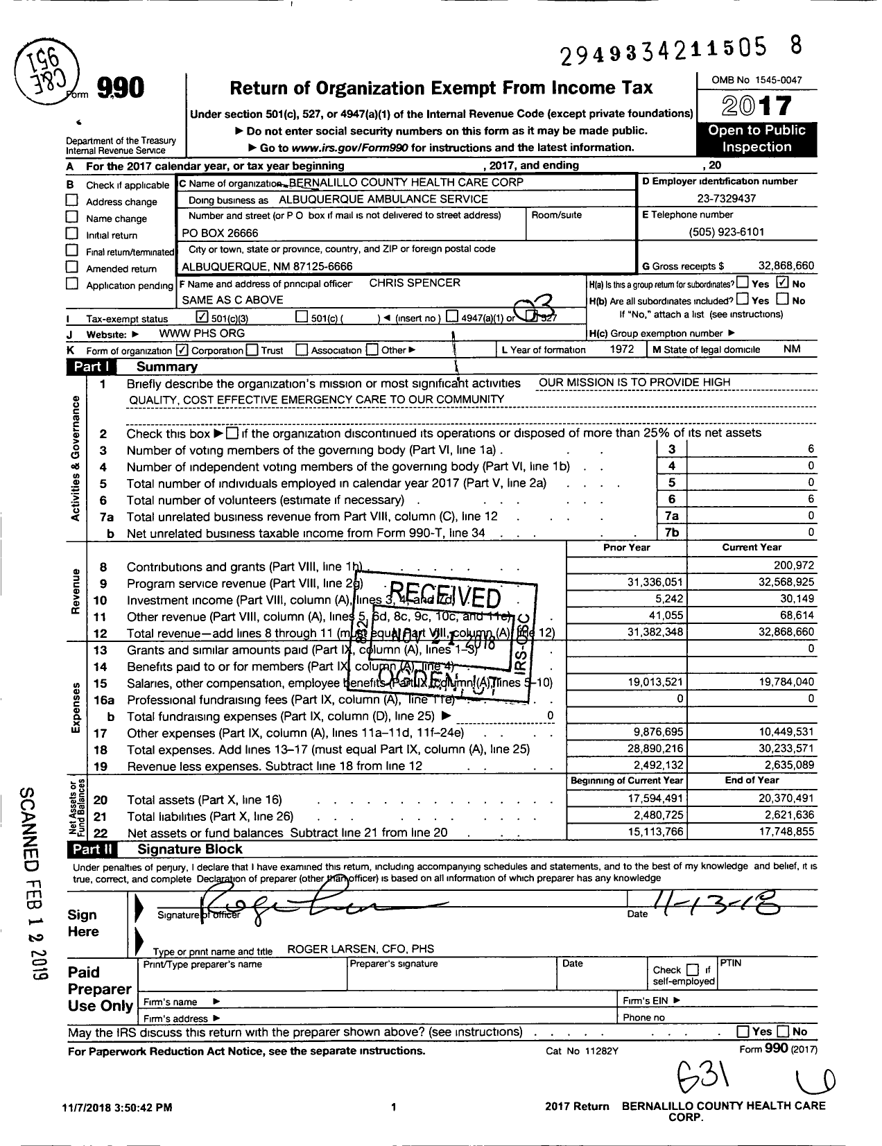 Image of first page of 2017 Form 990 for Albuquerque Ambulance Service