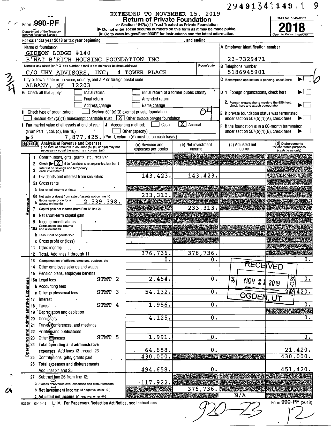 Image of first page of 2018 Form 990PF for Gideon Lodge #140 B'nai B'rith Housing Foundation