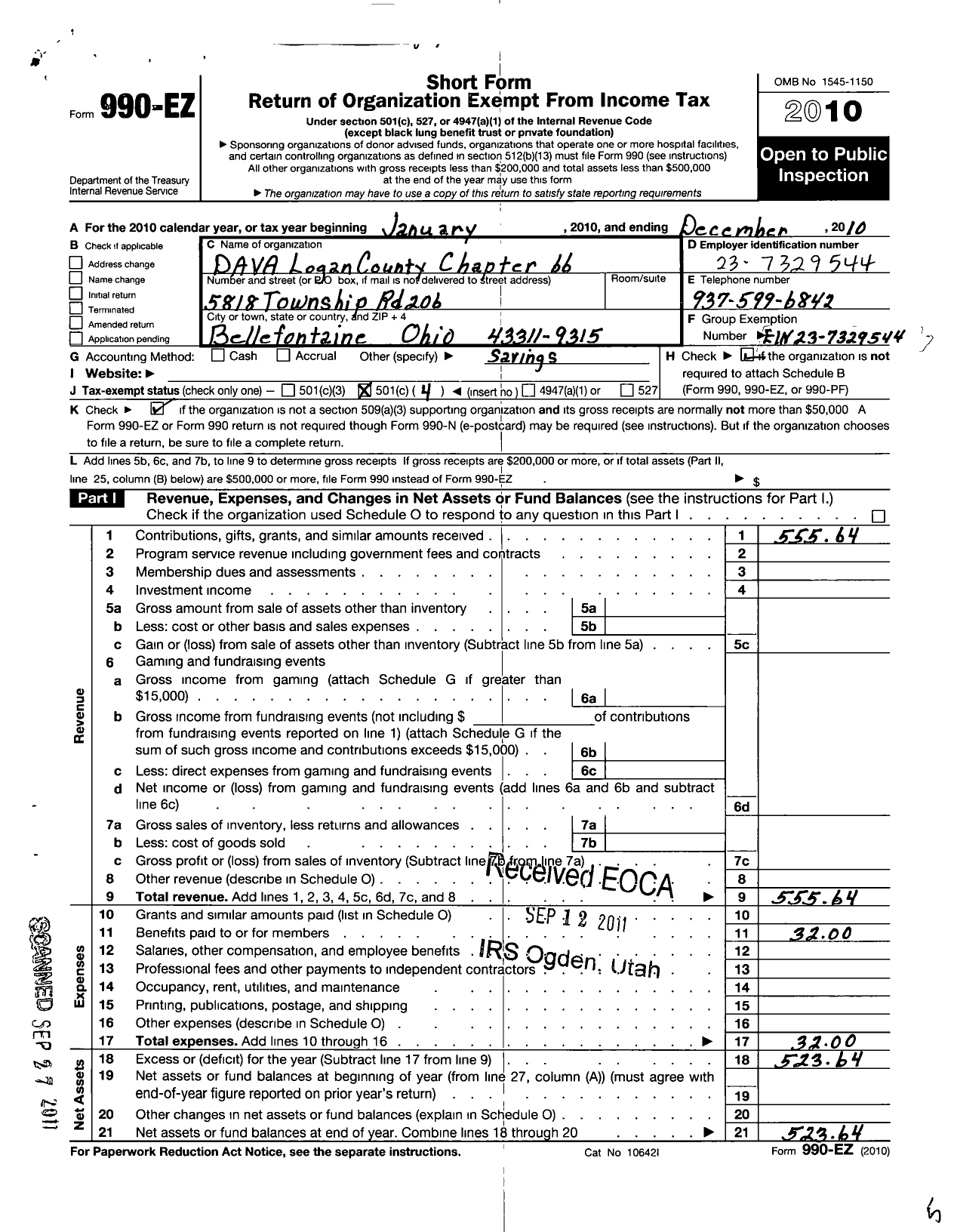 Image of first page of 2010 Form 990EO for Disabled American Veterans Auxiliary - 66 Logan County