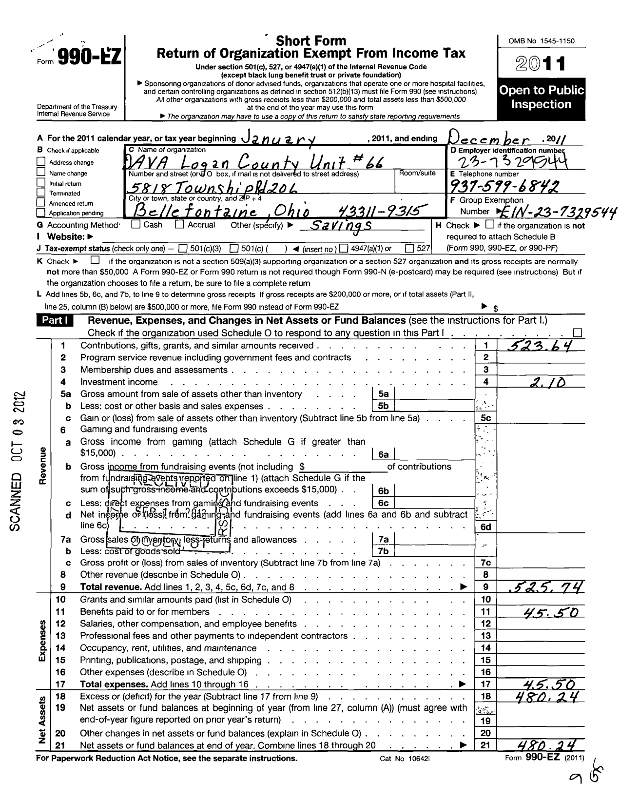 Image of first page of 2011 Form 990EO for Disabled American Veterans Auxiliary - 66 Logan County
