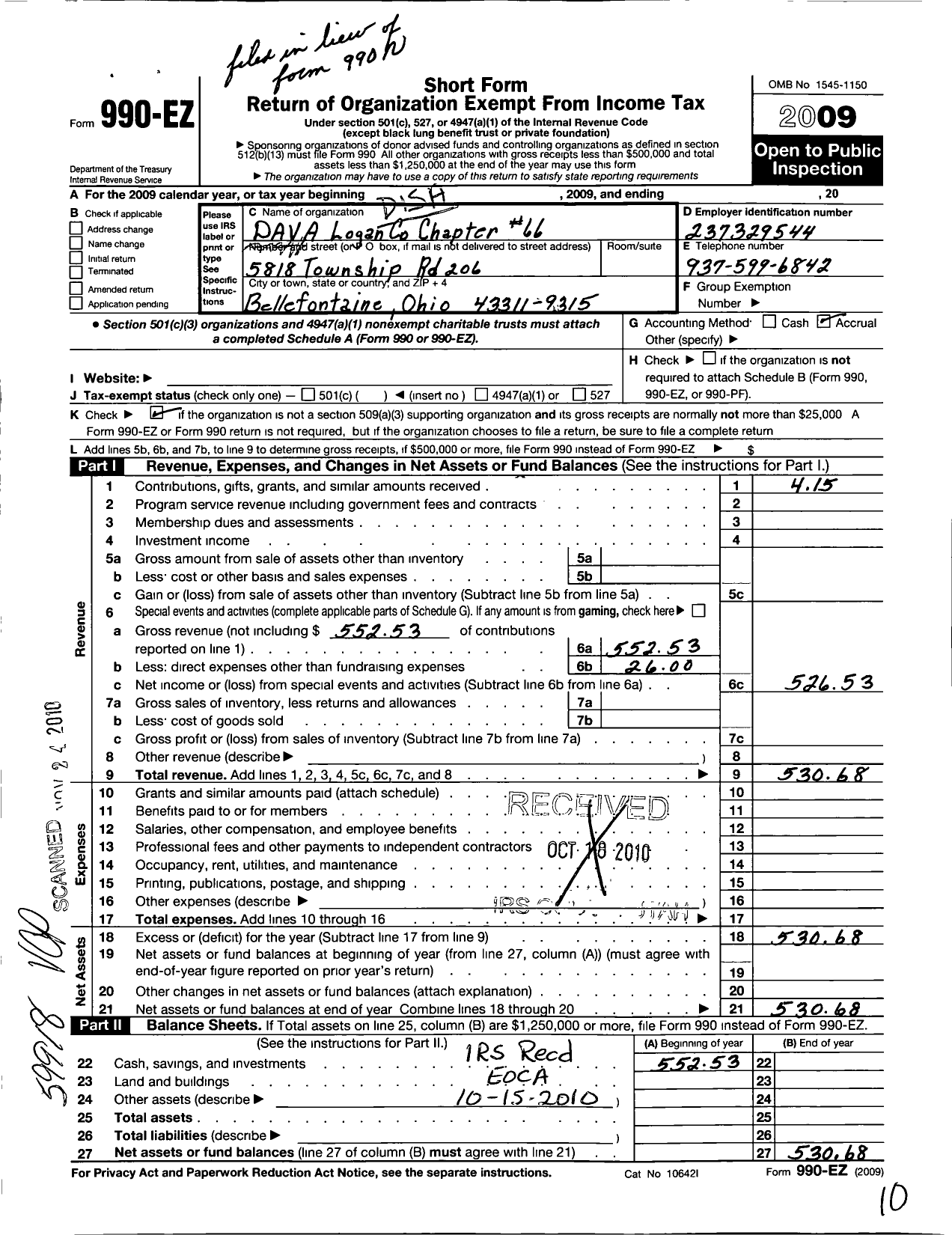 Image of first page of 2009 Form 990EO for Disabled American Veterans Auxiliary - 66 Logan County