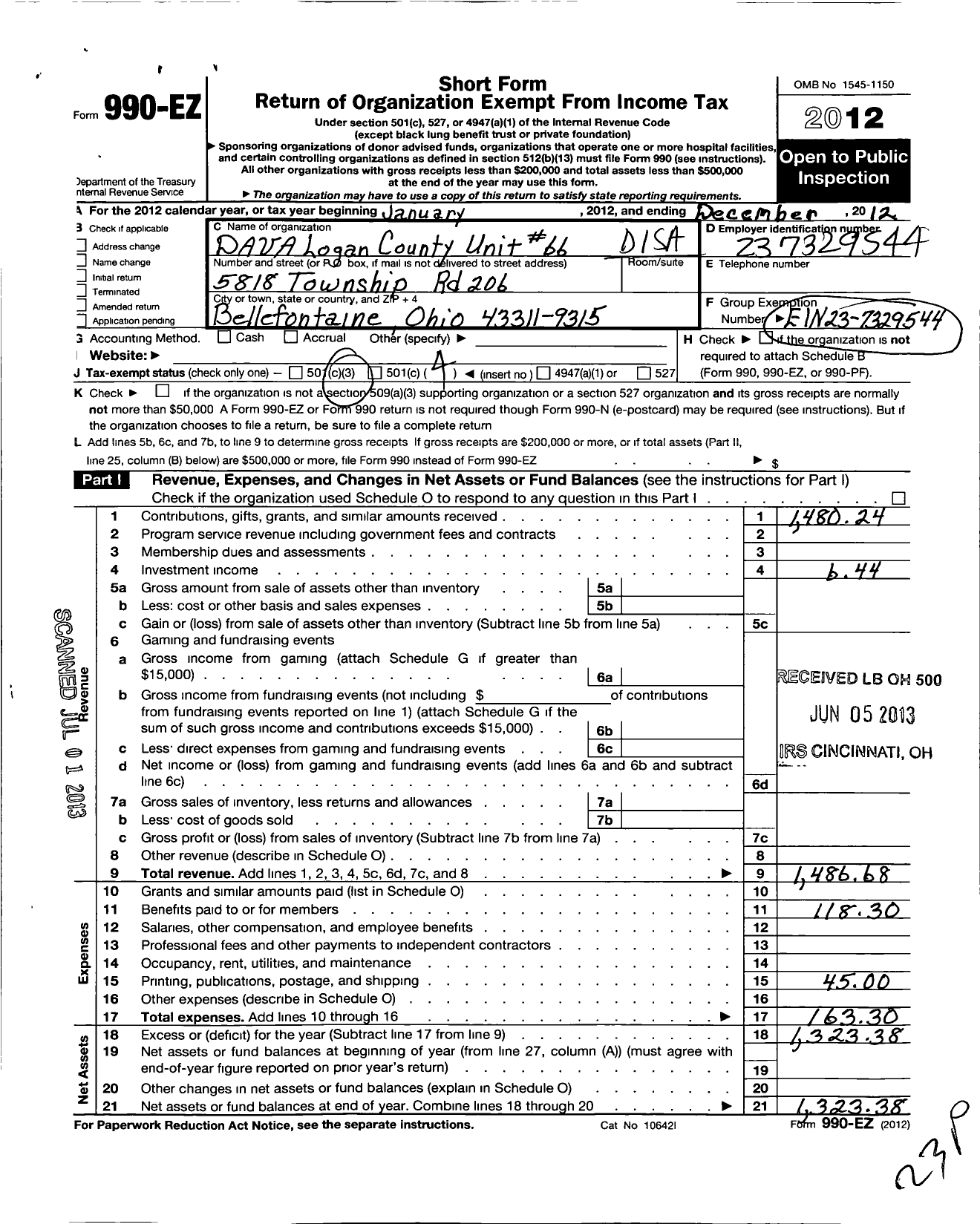 Image of first page of 2012 Form 990EO for Disabled American Veterans Auxiliary - 66 Logan County