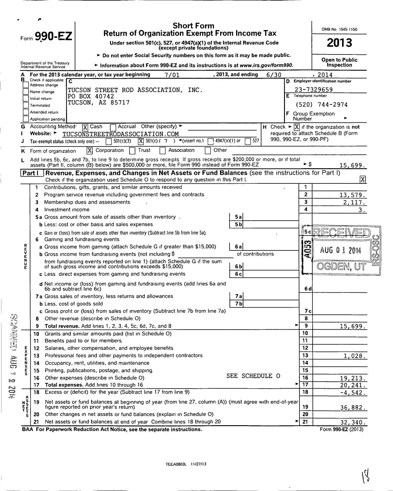 Image of first page of 2013 Form 990EO for Tucson Street Rod Association