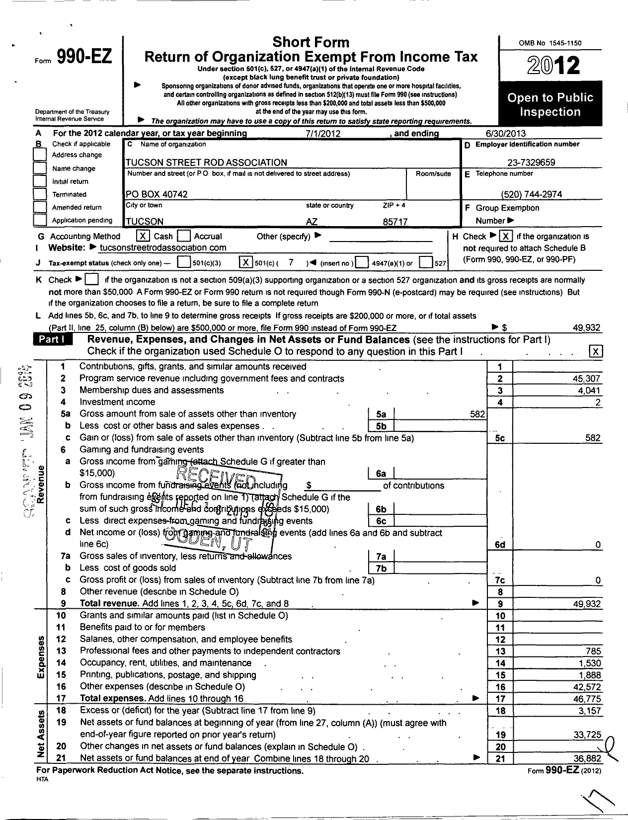 Image of first page of 2012 Form 990EO for Tucson Street Rod Association