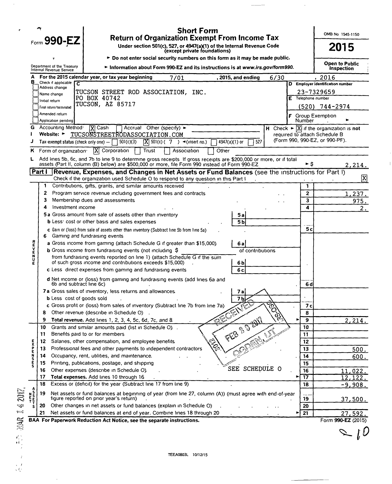 Image of first page of 2015 Form 990EO for Tucson Street Rod Association