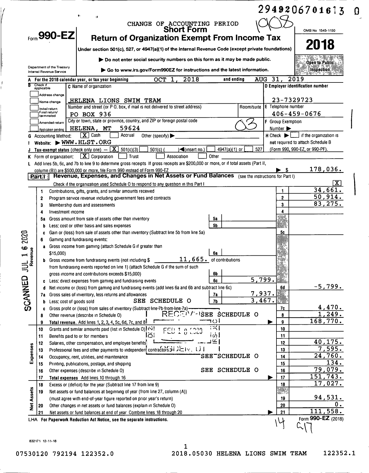 Image of first page of 2018 Form 990EZ for Helena Lions Swim Team