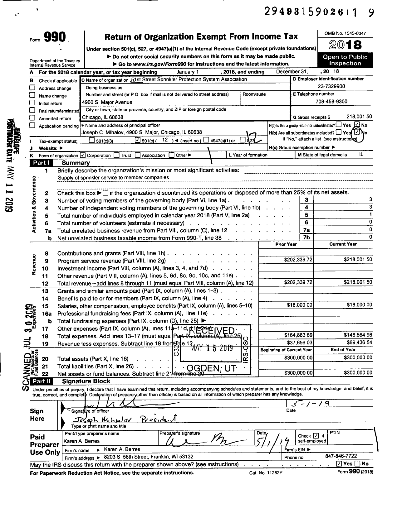 Image of first page of 2018 Form 990O for 51st Street Sprinkler Protection System Association