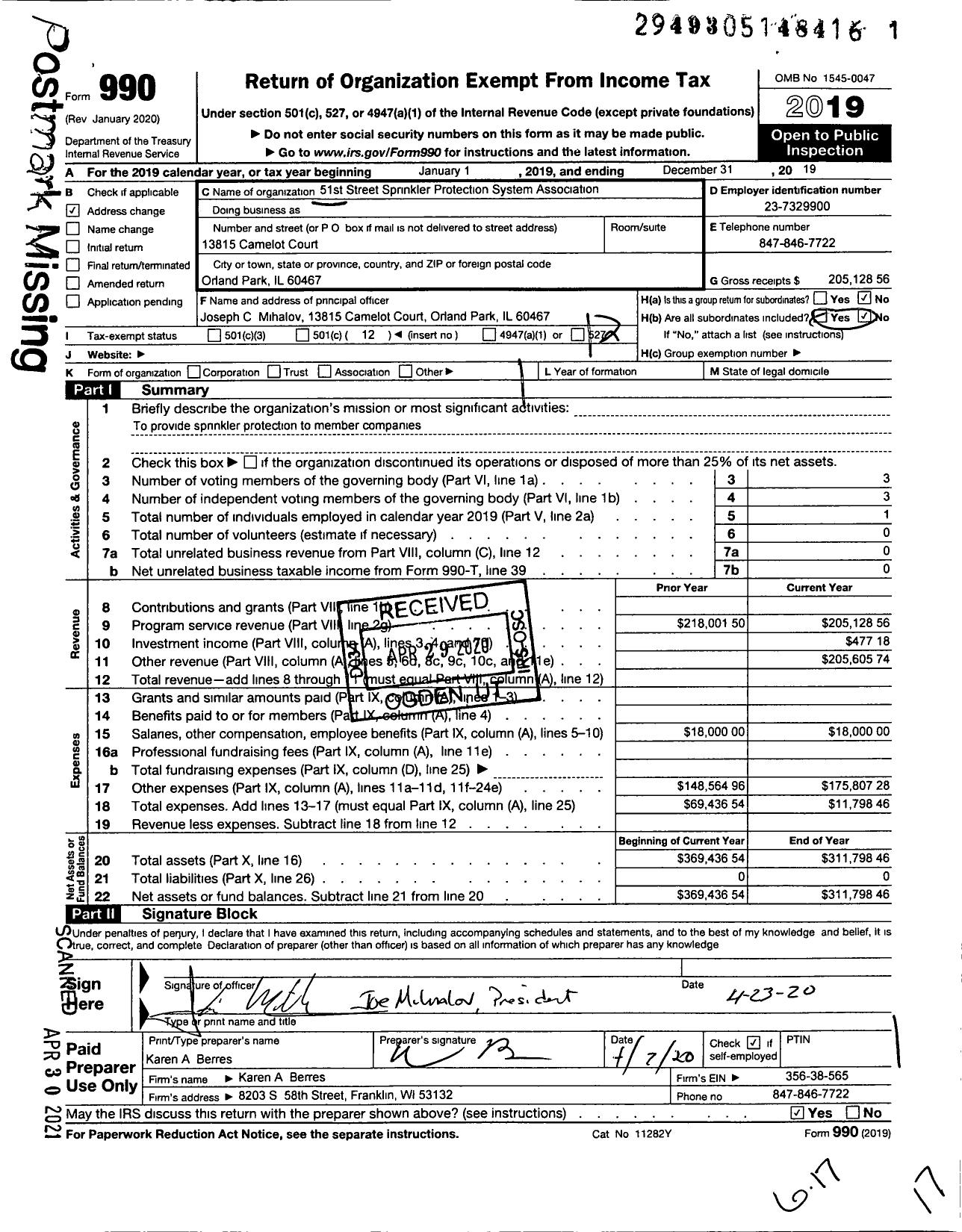 Image of first page of 2019 Form 990O for 51st Street Sprinkler Protection System Association