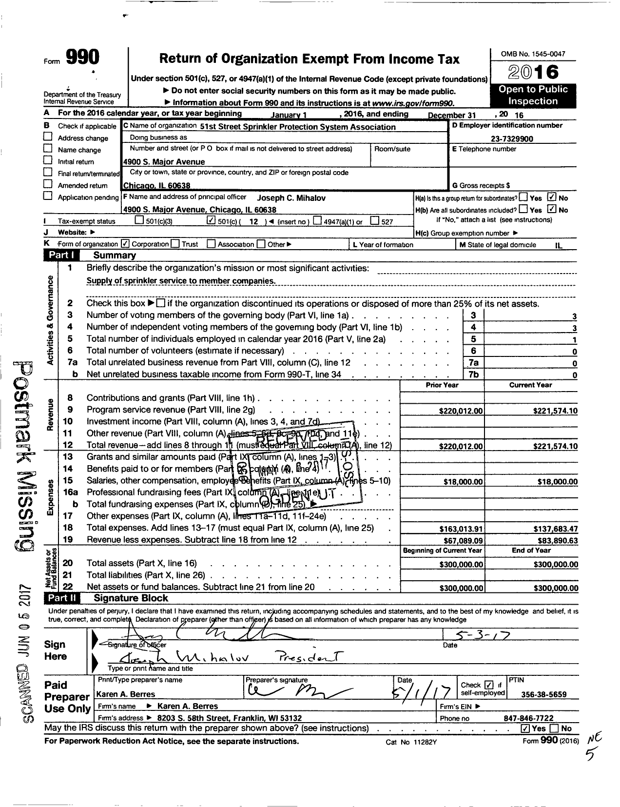 Image of first page of 2016 Form 990O for 51st Street Sprinkler Protection System Association