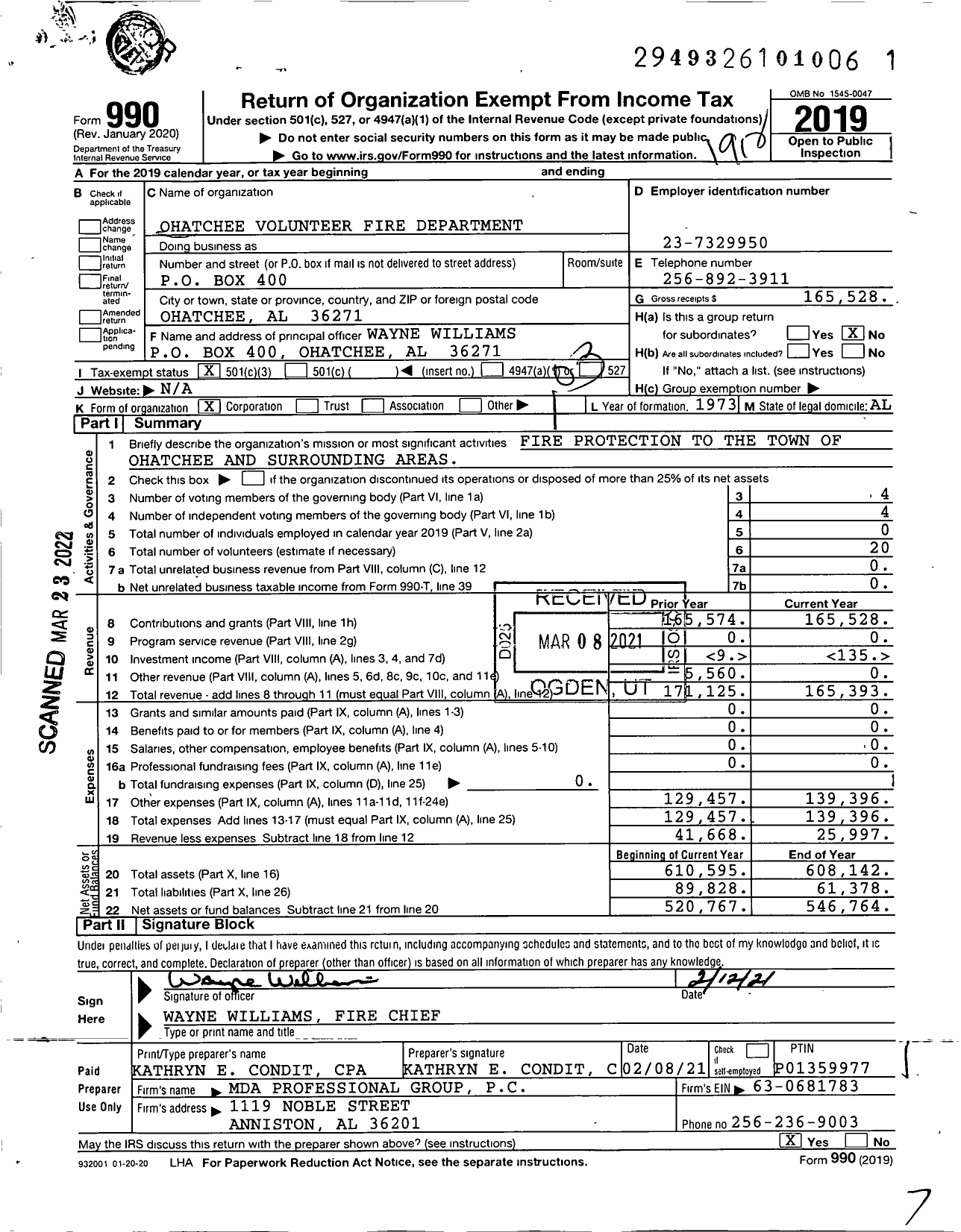 Image of first page of 2019 Form 990 for Ohatchee Volunteer Fire Department