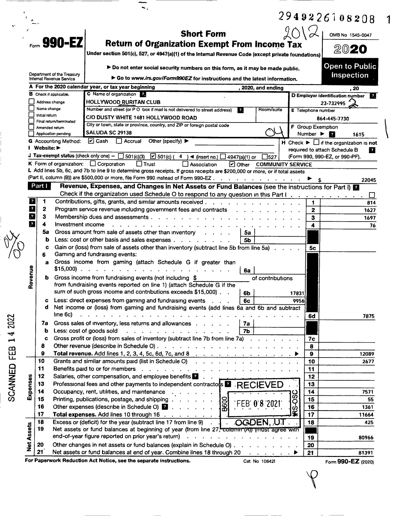 Image of first page of 2020 Form 990EO for Ruritan - Hollywood SC