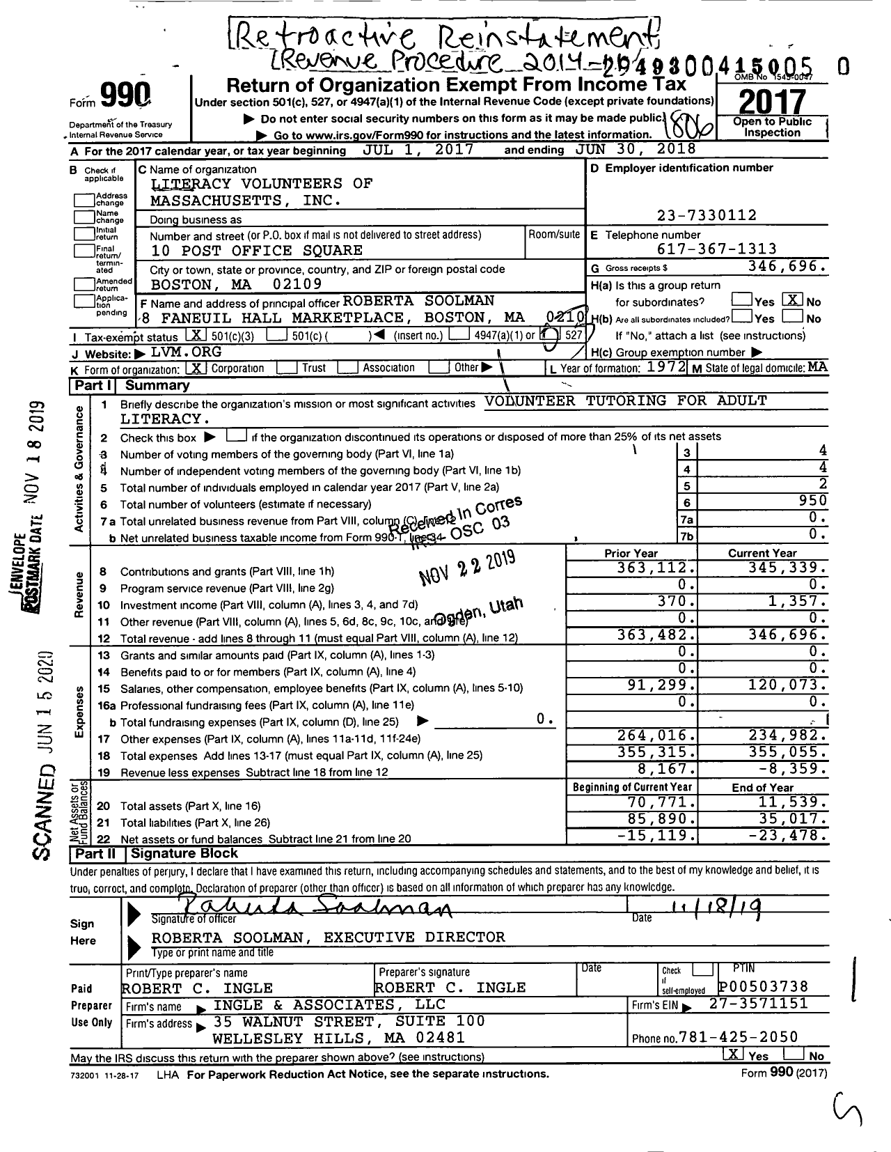 Image of first page of 2017 Form 990 for Literacy Volunteers of Massachusetts