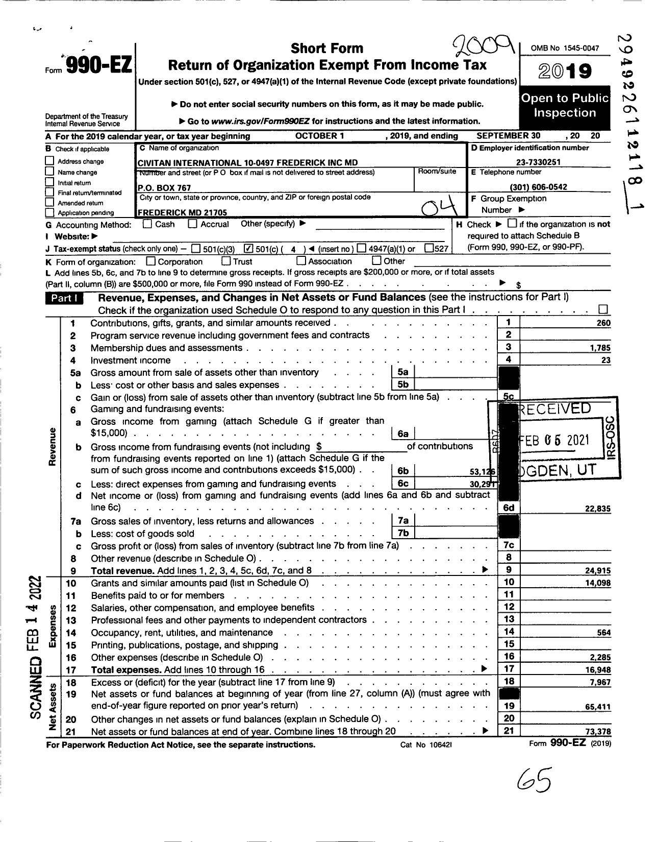 Image of first page of 2019 Form 990EO for Civitan International / Frederick Inc MD