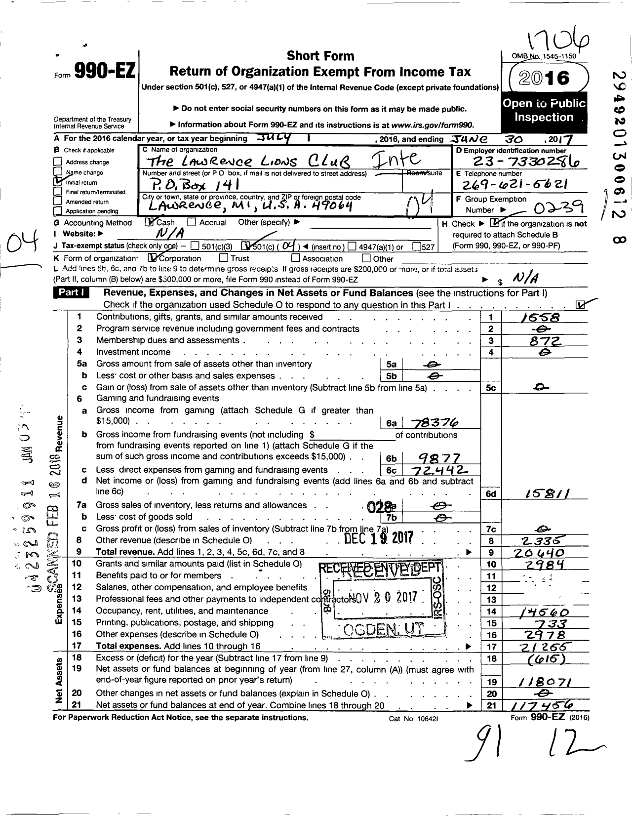 Image of first page of 2016 Form 990EO for Lions Clubs - 4627 Lawrence