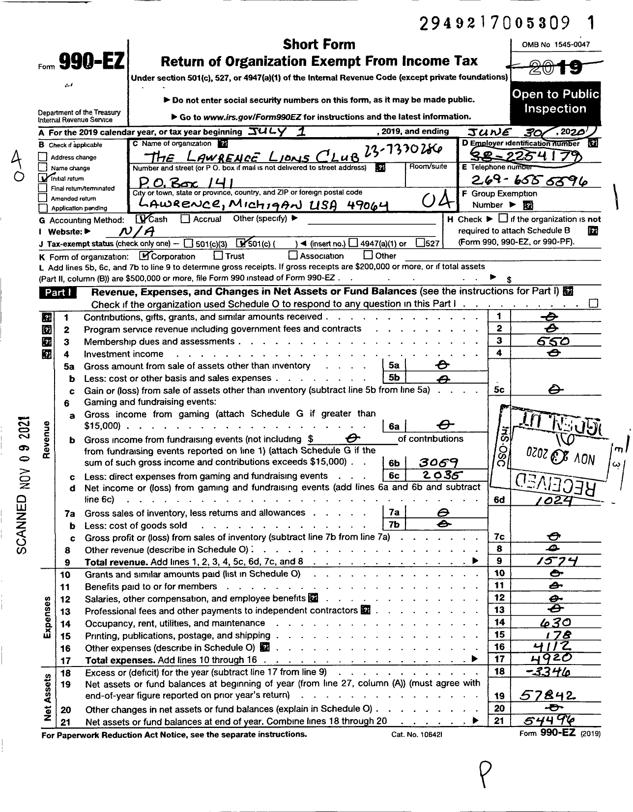 Image of first page of 2019 Form 990EO for Lions Clubs - 4627 Lawrence